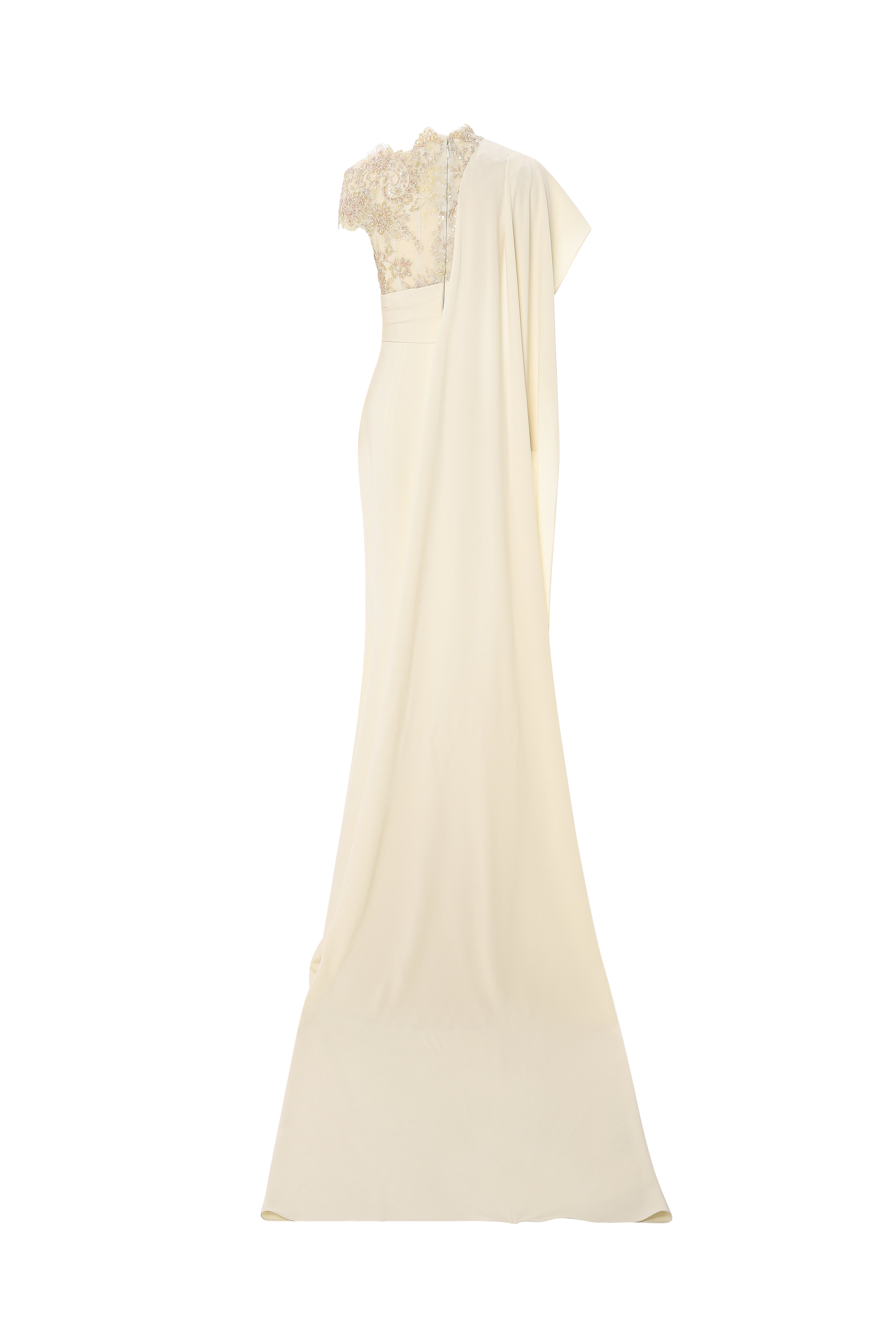 Asymmetric Draped Gown With Fully Beaded Lace Illusion Detail.