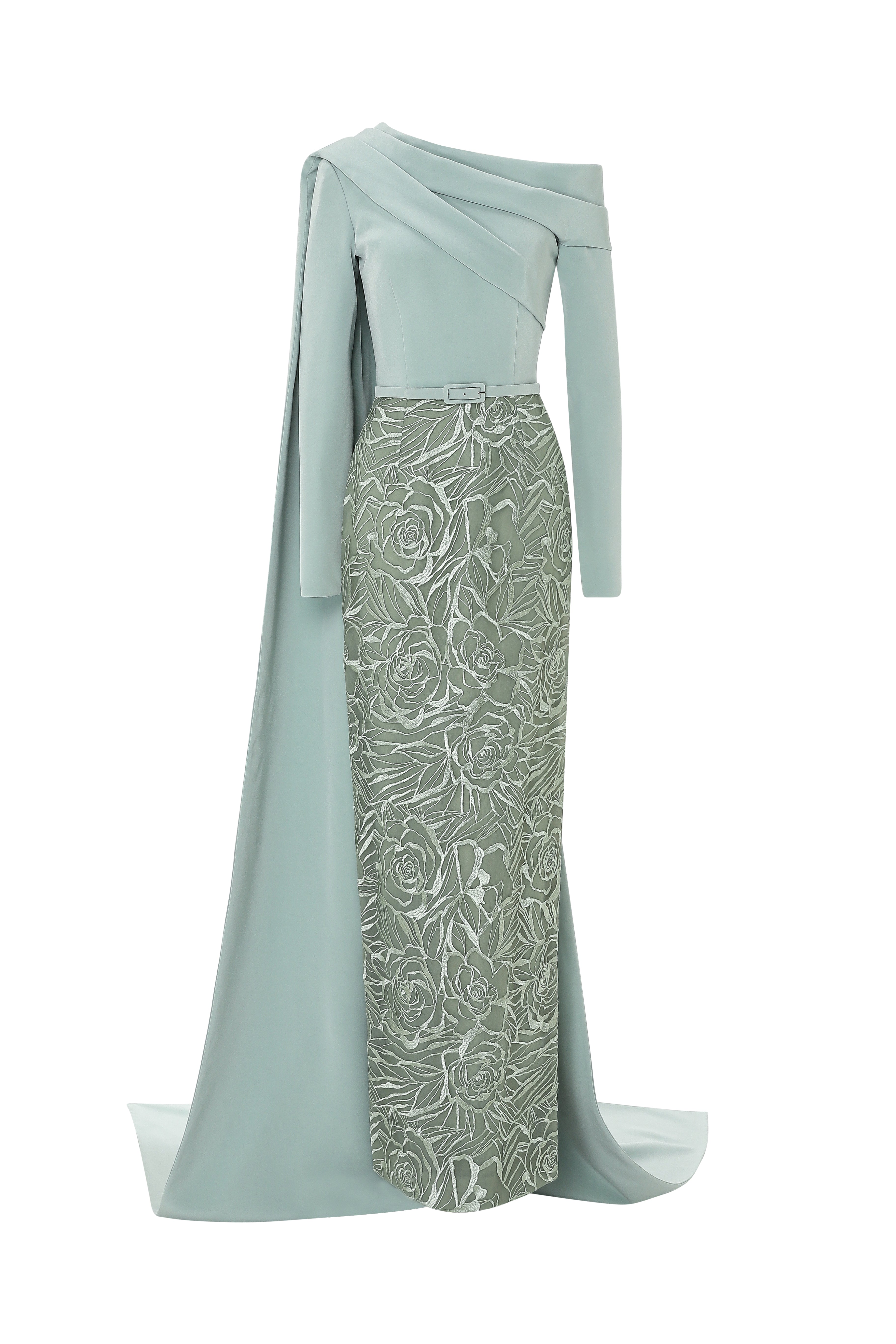 Off-Shoulder Tubino Dress With Draped Bodice Cape With Belt