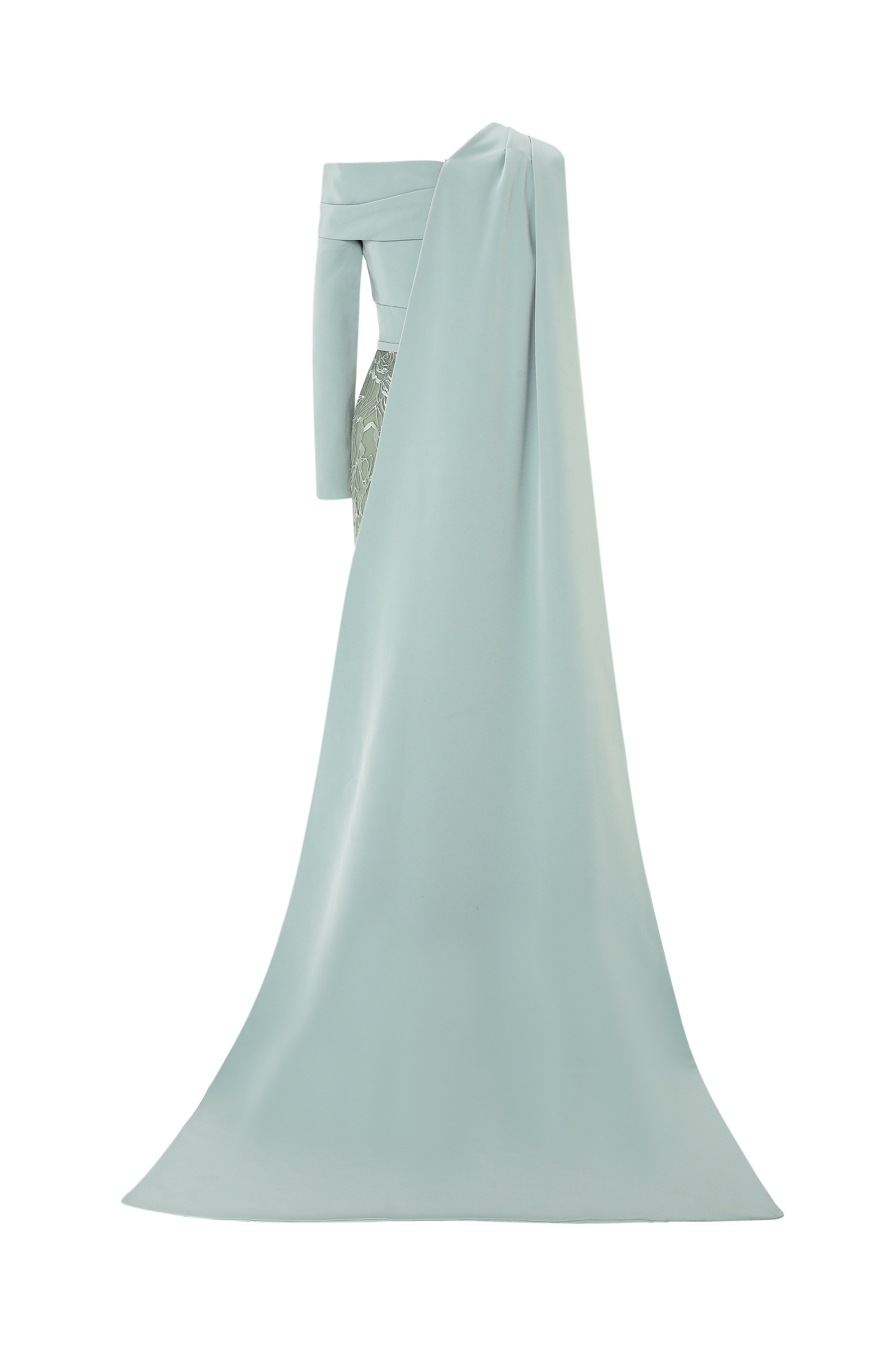 Off-Shoulder Tubino Dress With Draped Bodice Cape With Belt