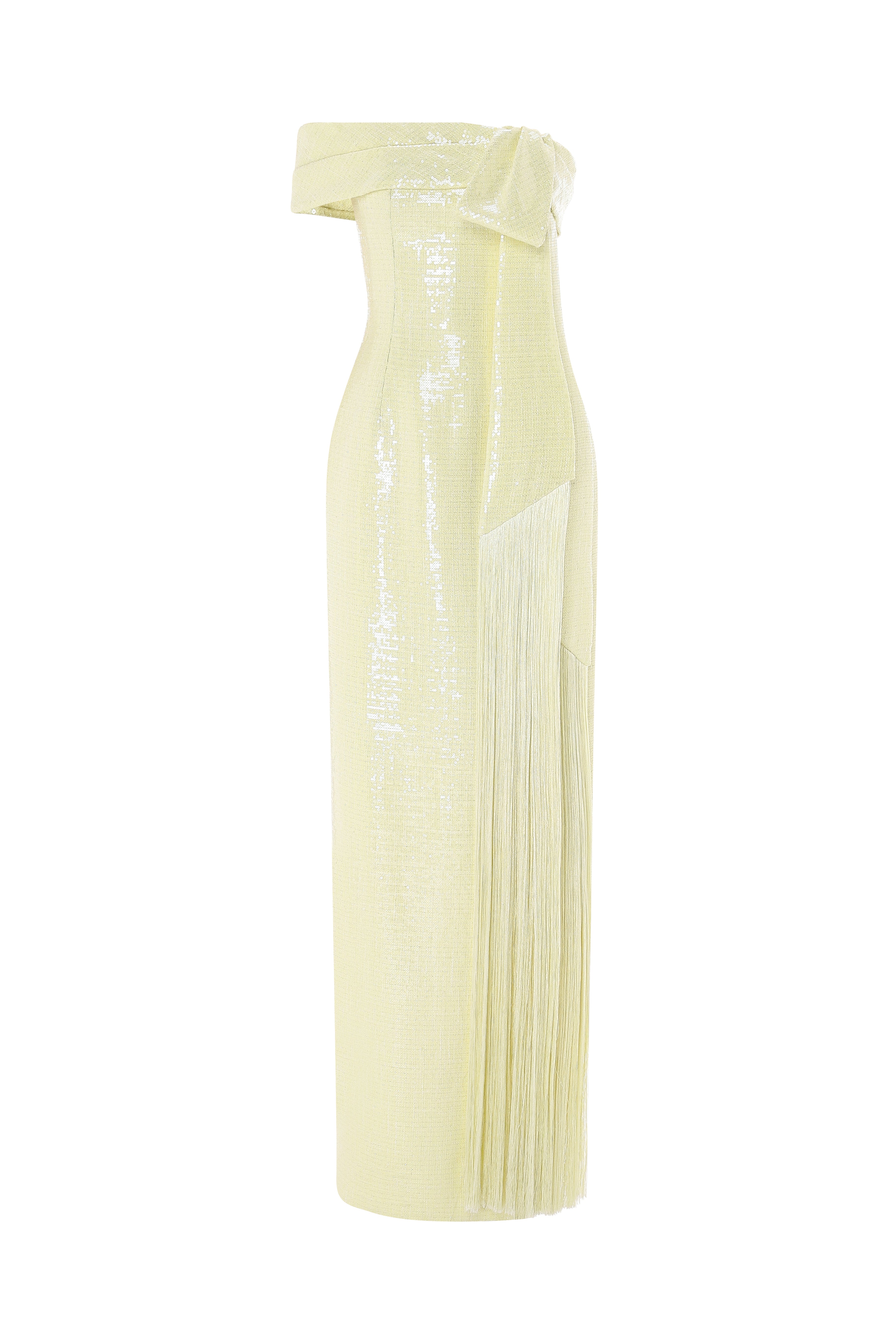 Strapless Sequin Tubino Dress With Bow And Fringe Detail.
