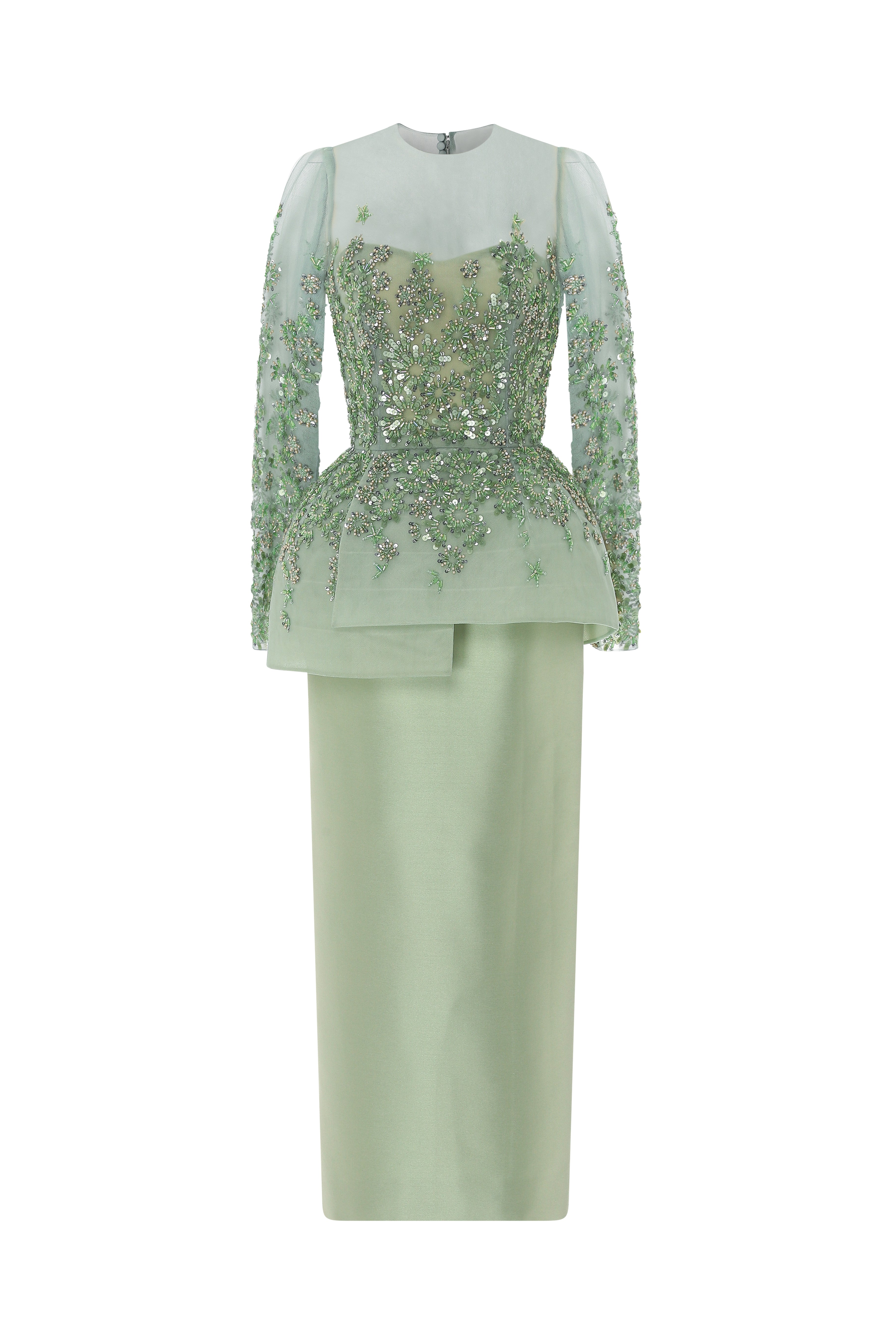 Fully Beaded Tea-Length Tubino With Illusion Neckline And Peplum.