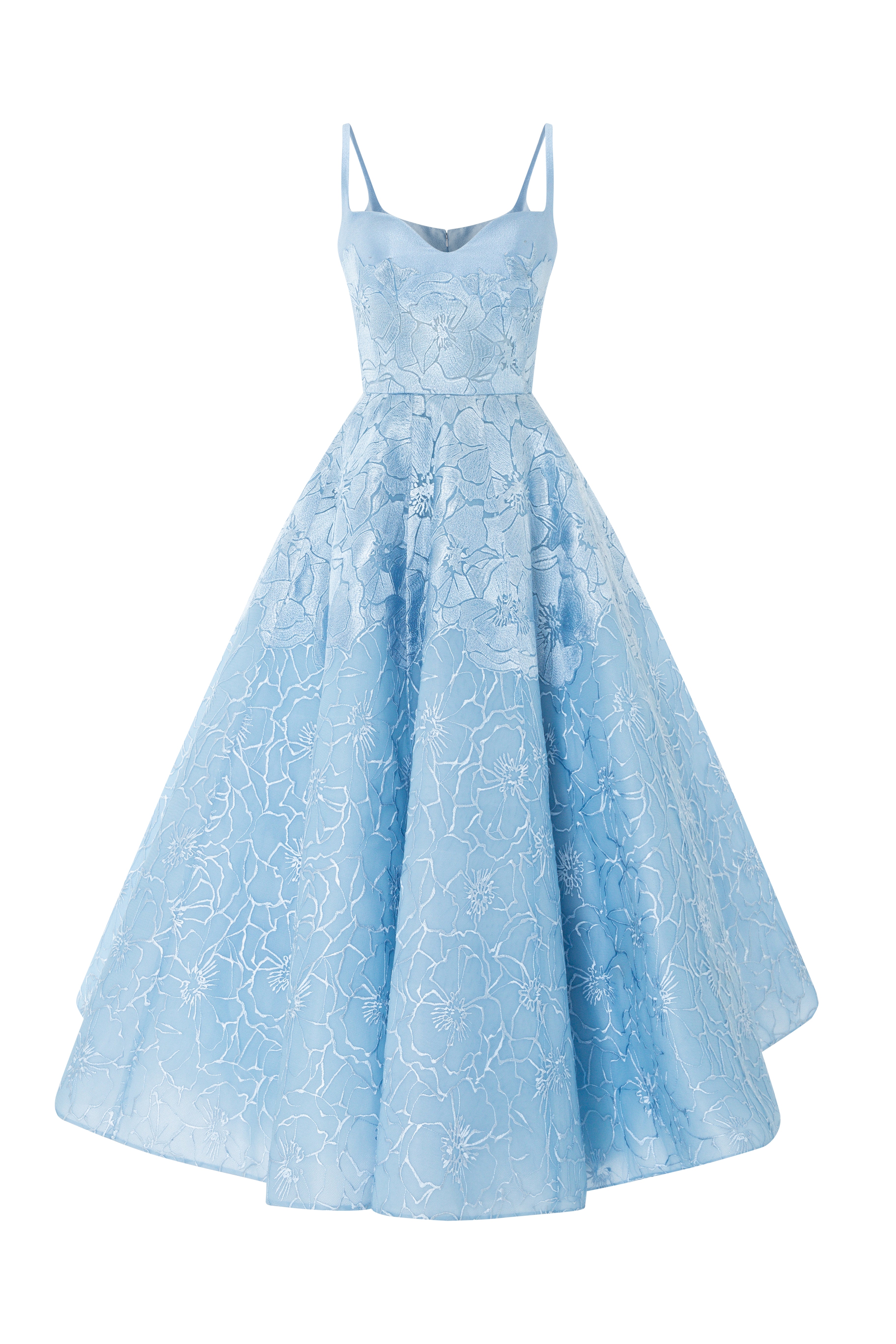 Voluminous Tea-Length Floral Dress With Sweetheart Neckline.