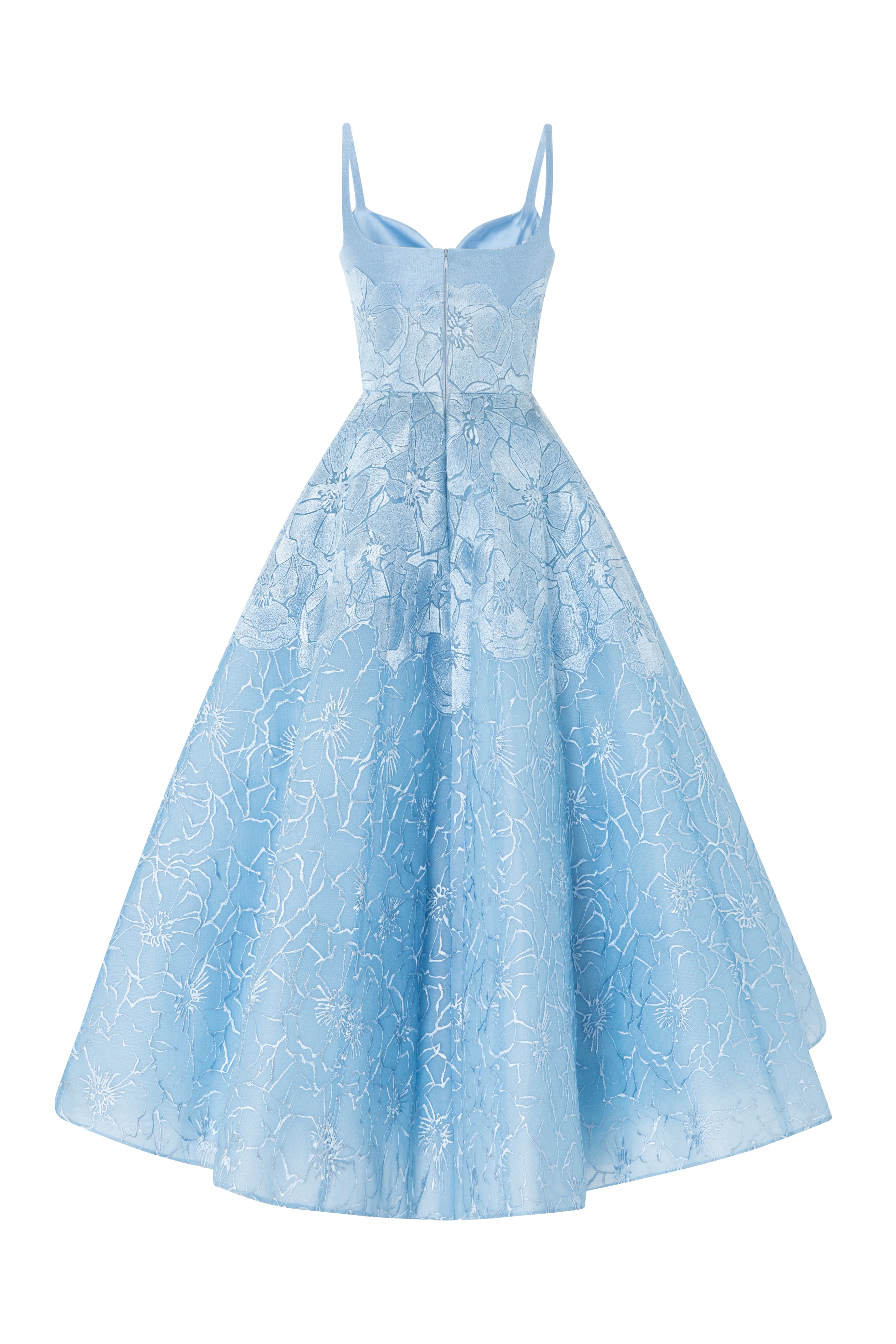 Voluminous Tea-Length Floral Dress With Sweetheart Neckline.