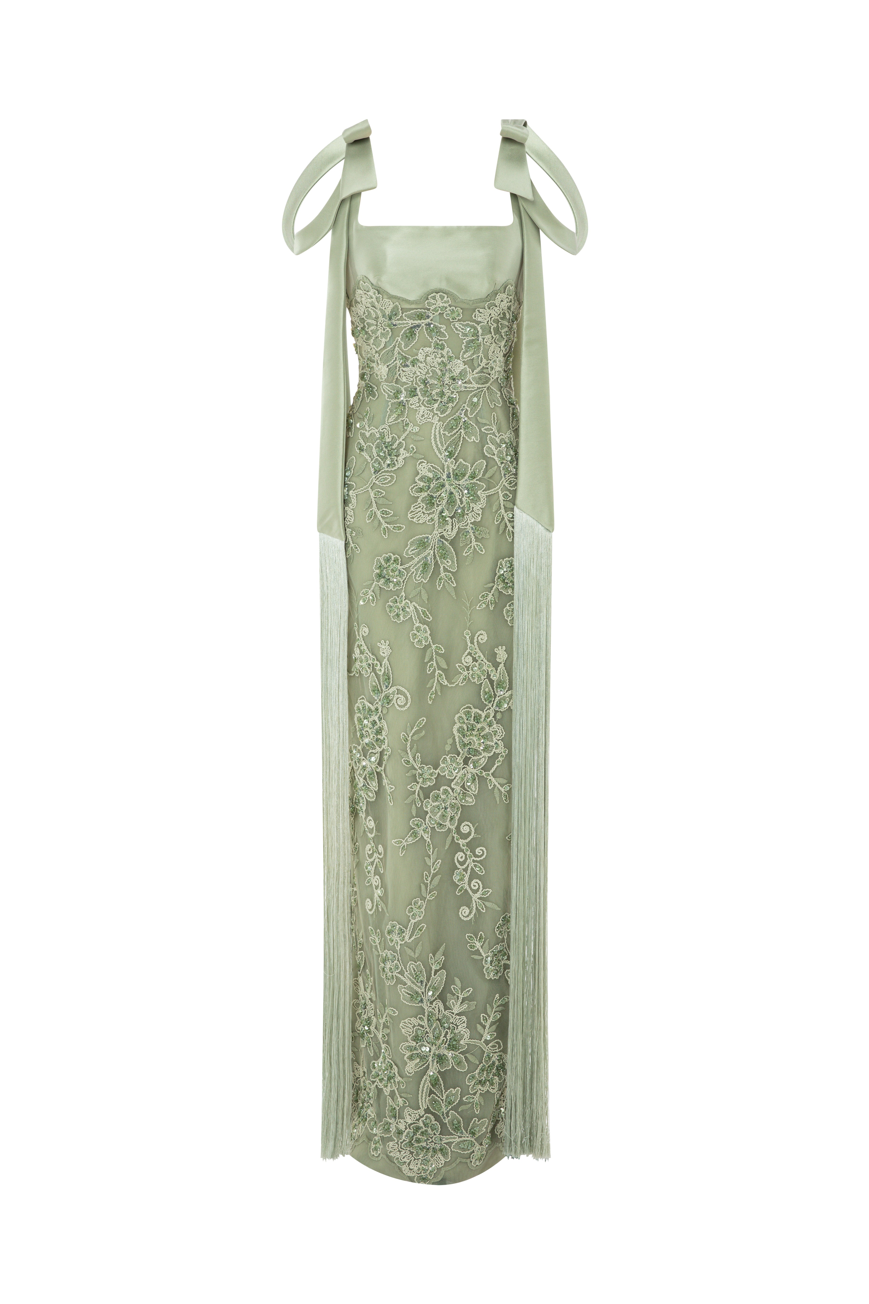 Embroidered Tubino Dress With Bow Straps And Fringe.