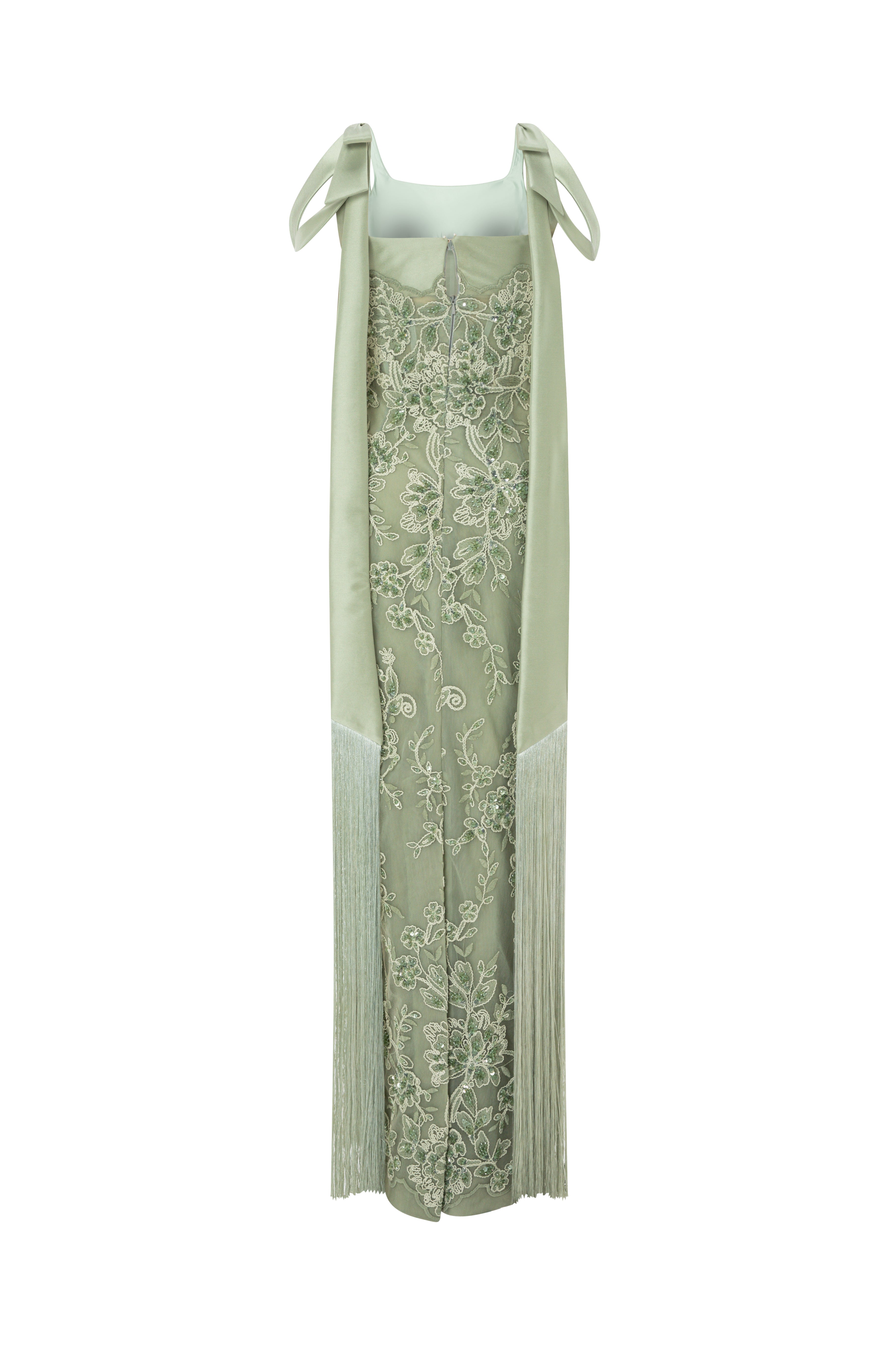 Embroidered Tubino Dress With Bow Straps And Fringe.