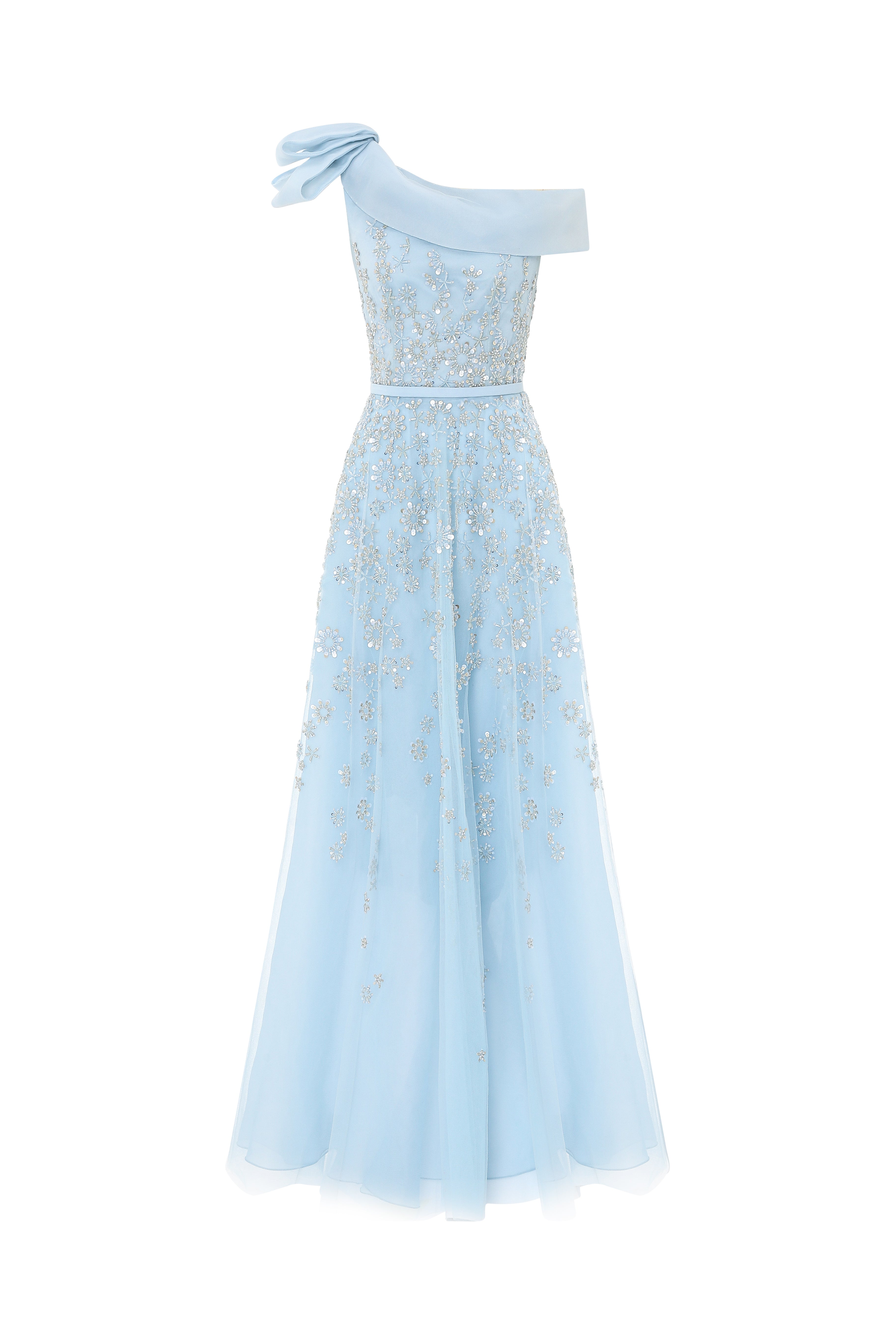 Off-Shoulder Embroidered Gown With Bow Detail.