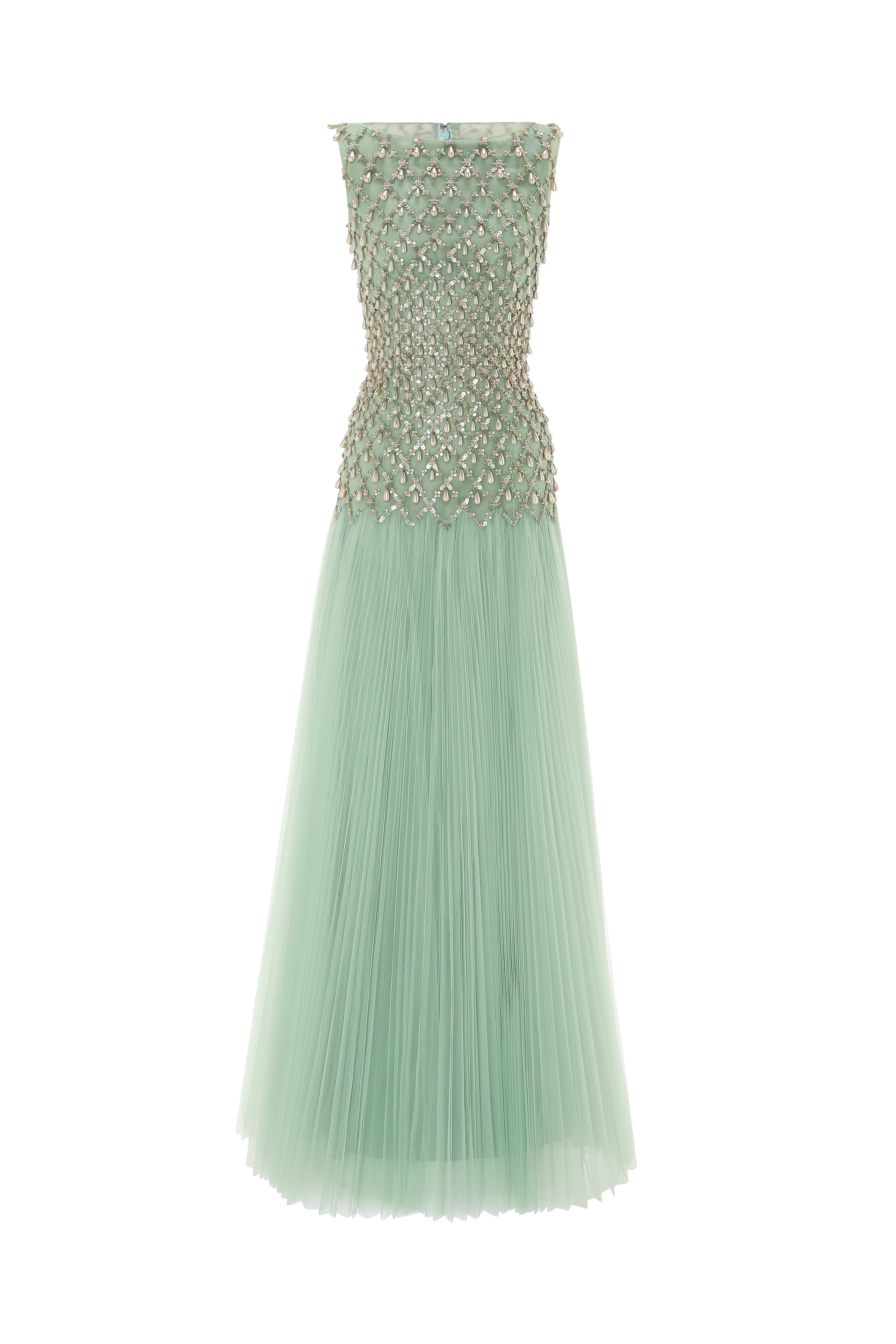 Fully Beaded Gown With Pleated Tulle Skirt.