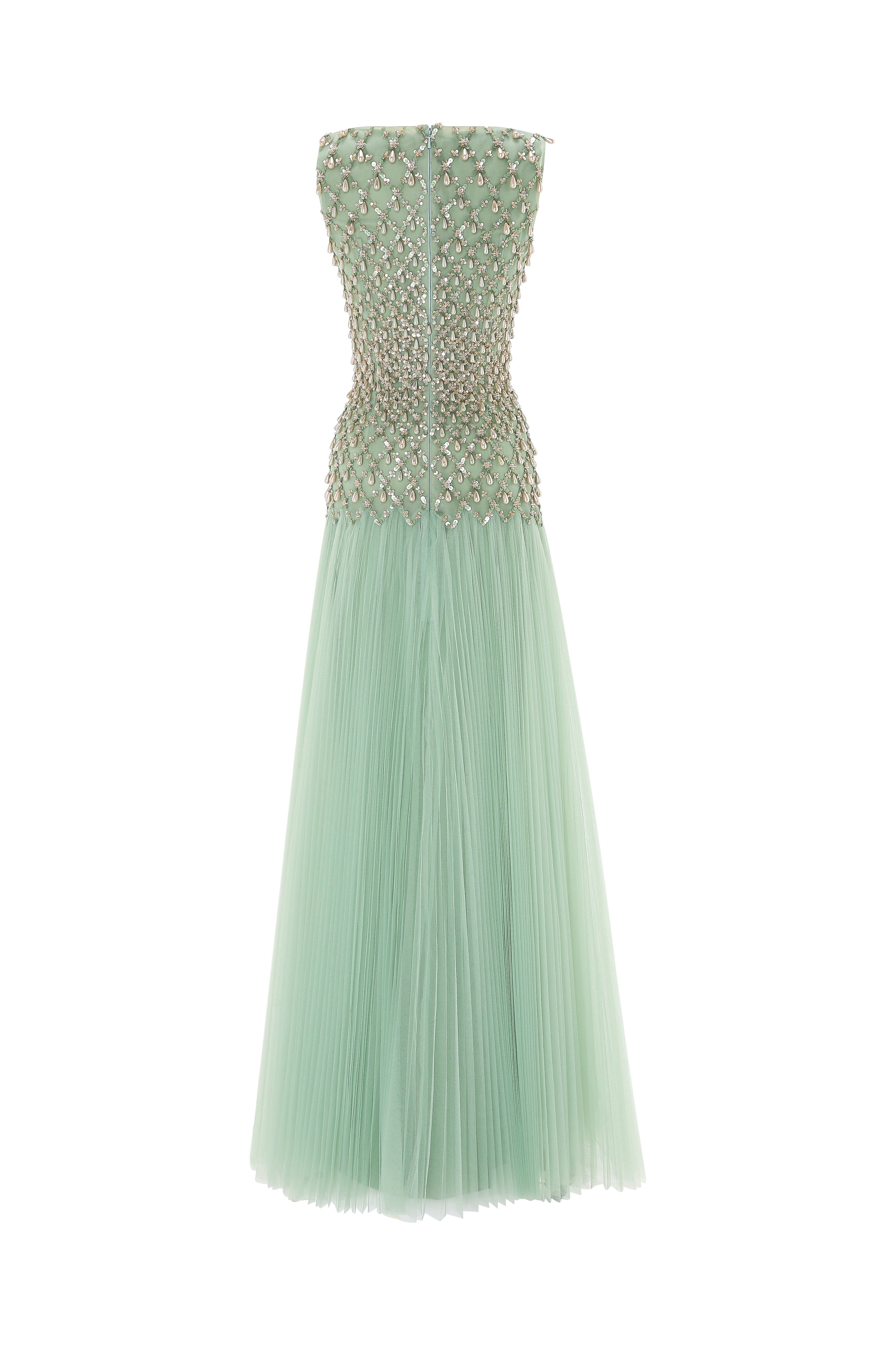 Fully Beaded Gown With Pleated Tulle Skirt.