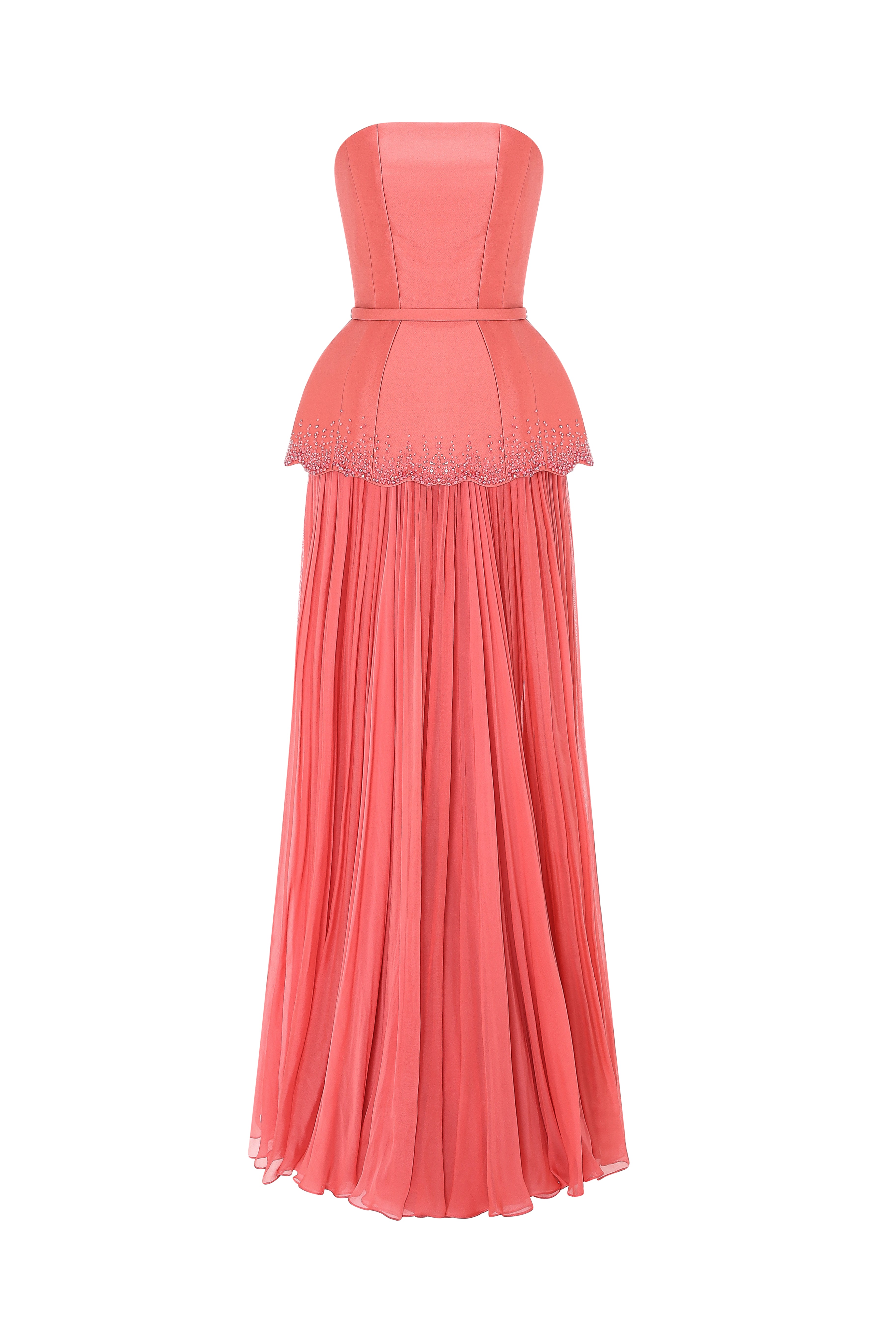 Strapless Gown With Beaded Peplum Detail And Belt.