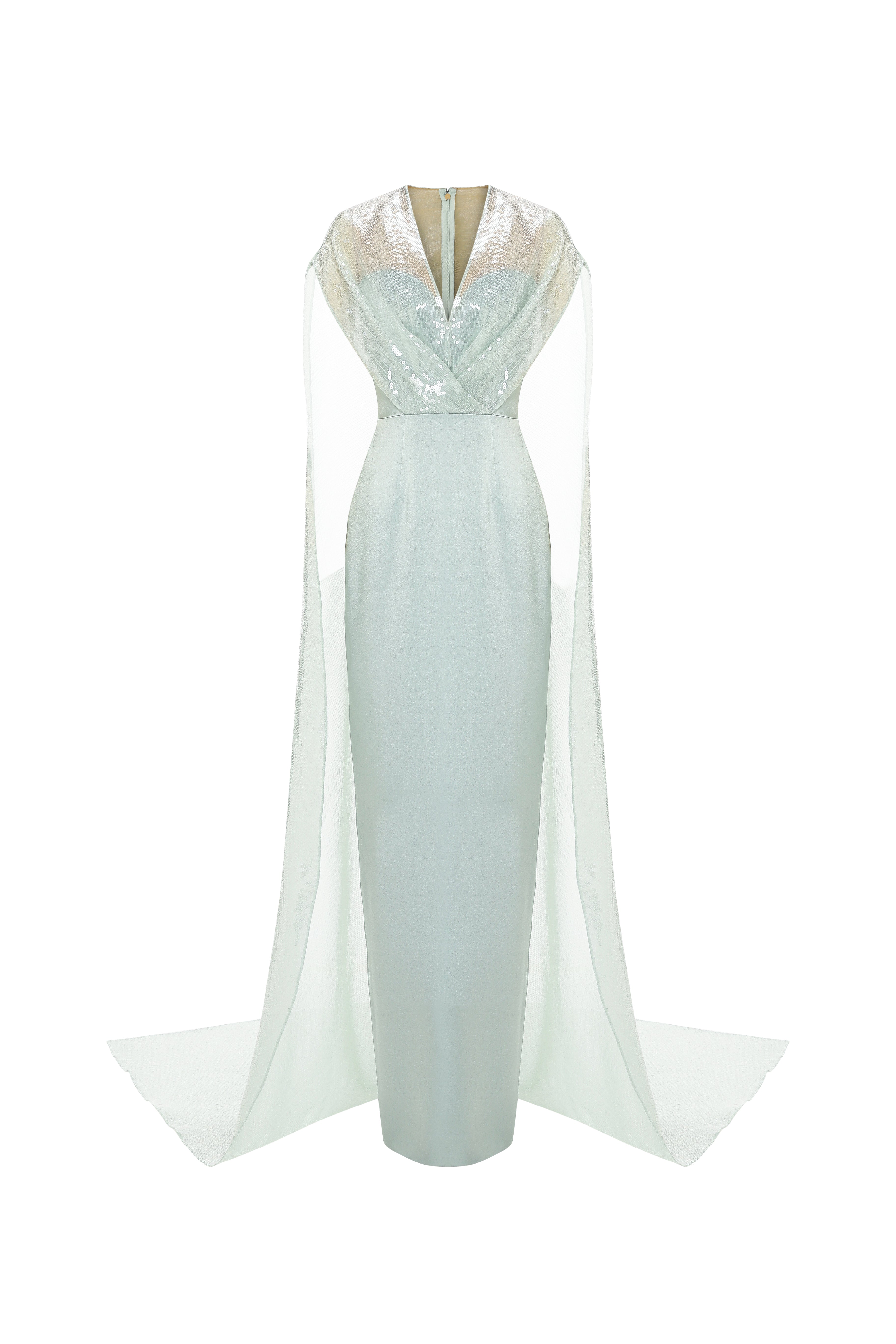 Tubino Gown With Overlap Sequined Draped Cape.