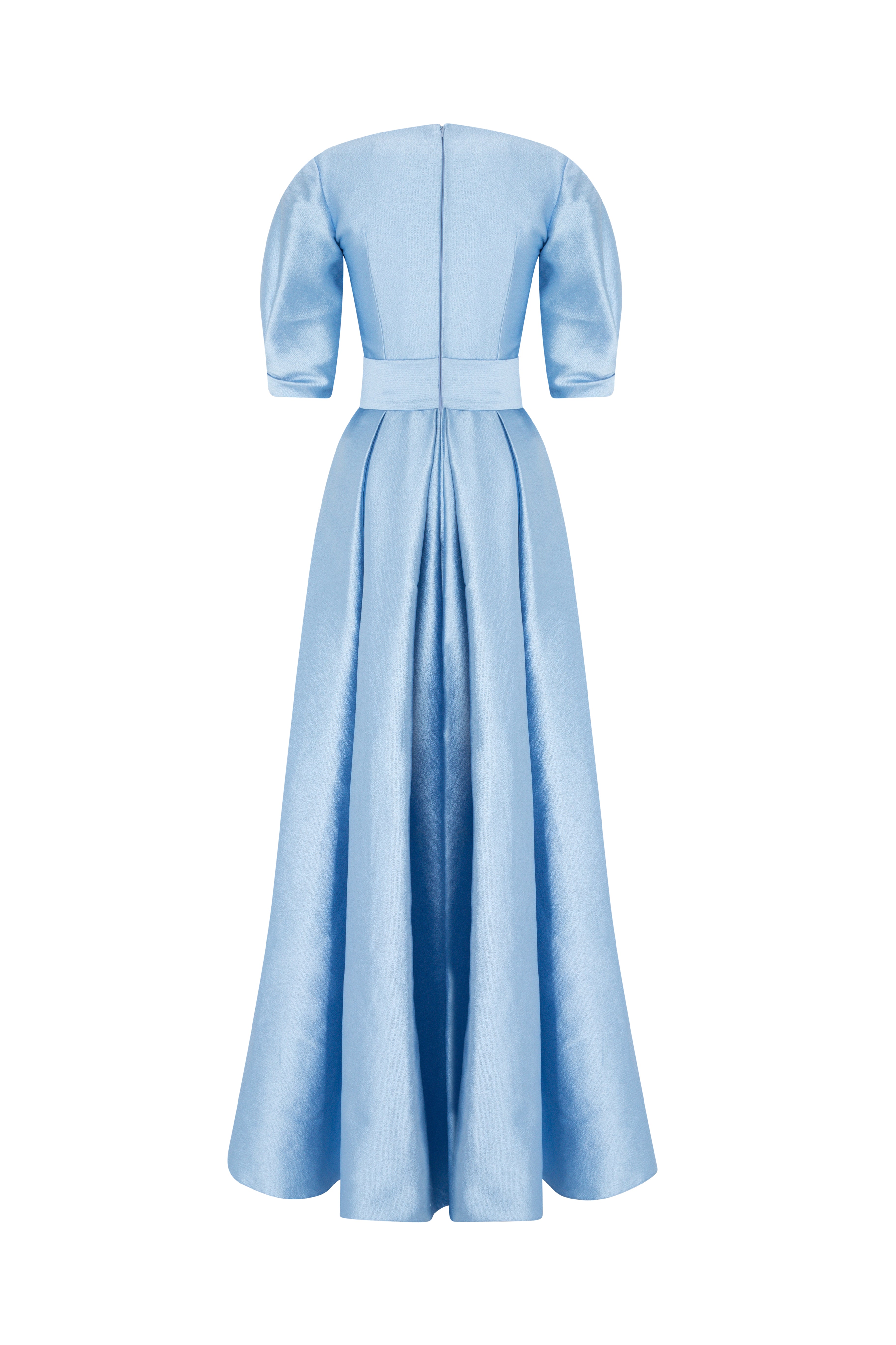 V-Neck Gown With Puff Sleeves And Fringed Sash Belt.