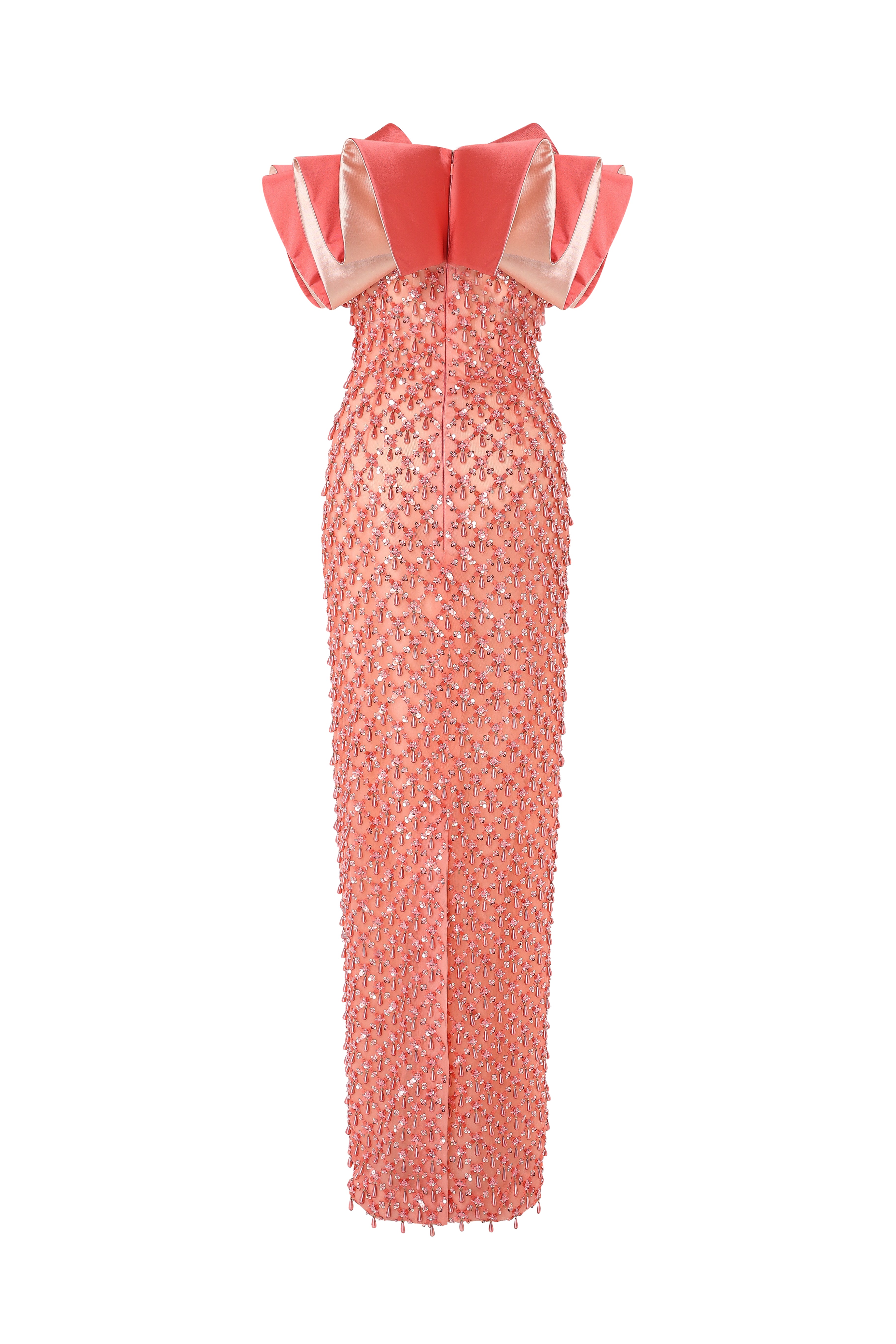 Off-Shoulder Beaded Tubino Dress With Ruffled Neckline.