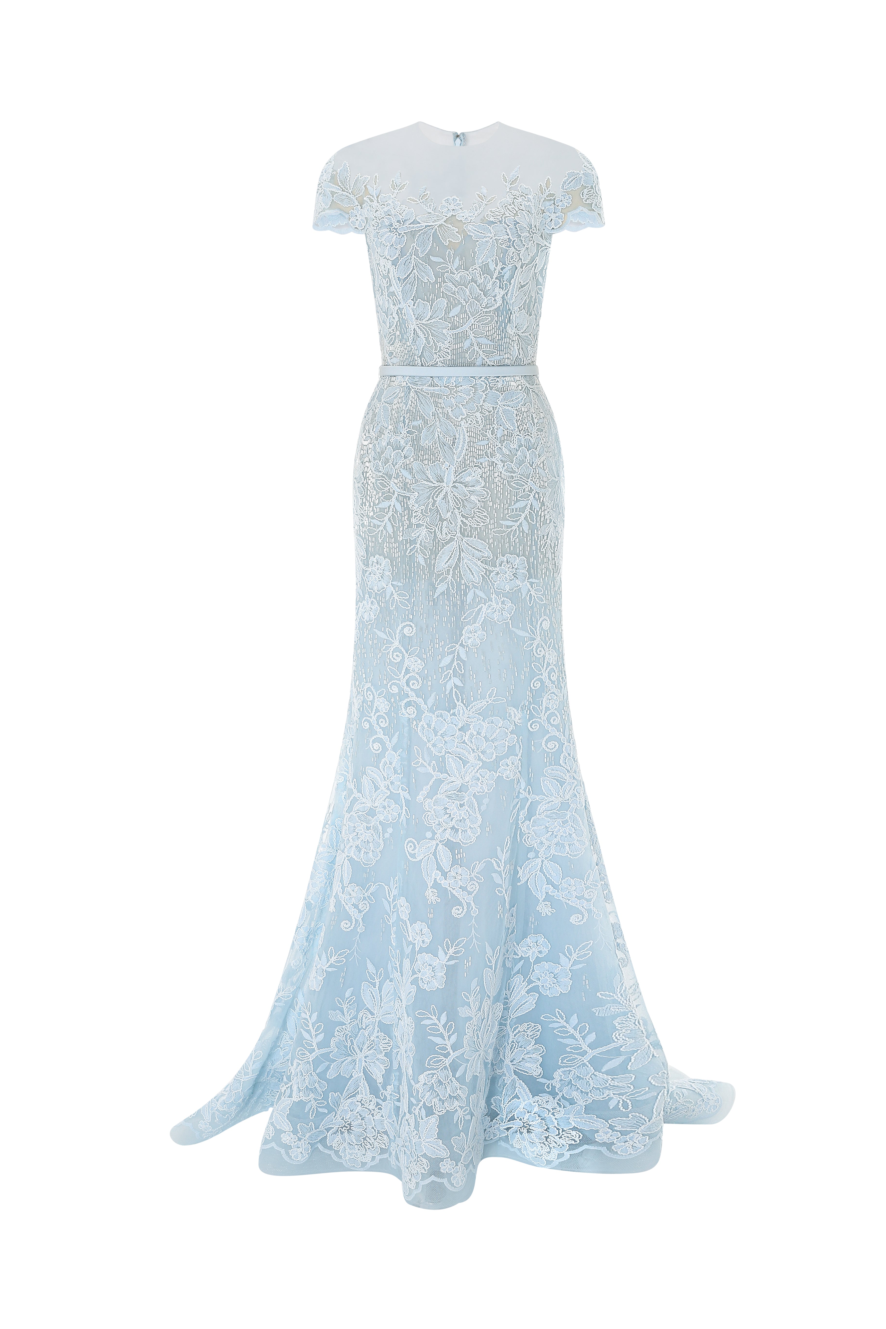 Lace Embroidered Mermaid Gown With Illusion Neckline.