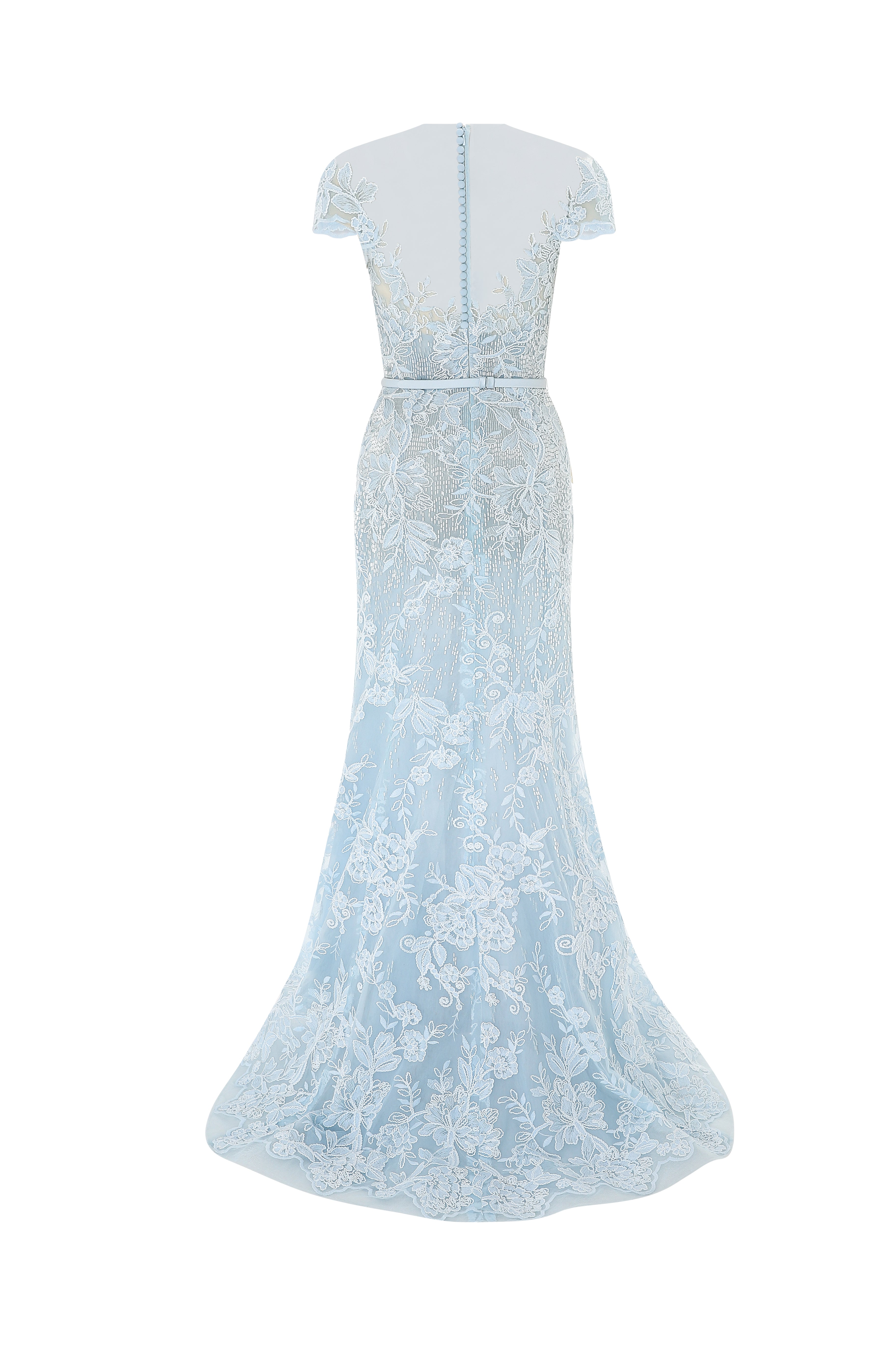 Lace Embroidered Mermaid Gown With Illusion Neckline.