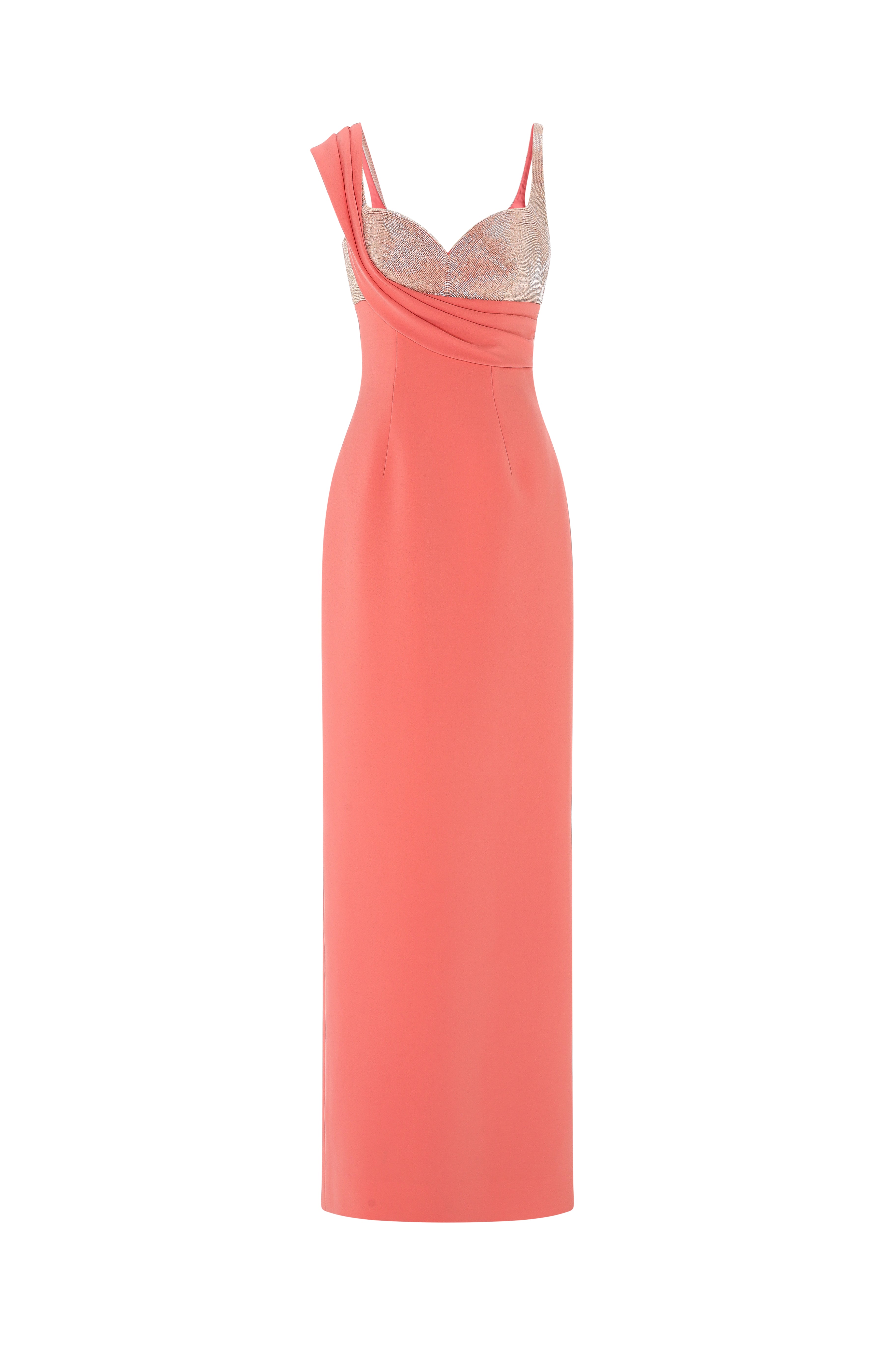 Tubino Dress With Draped Overlay And Sequined Bustier.