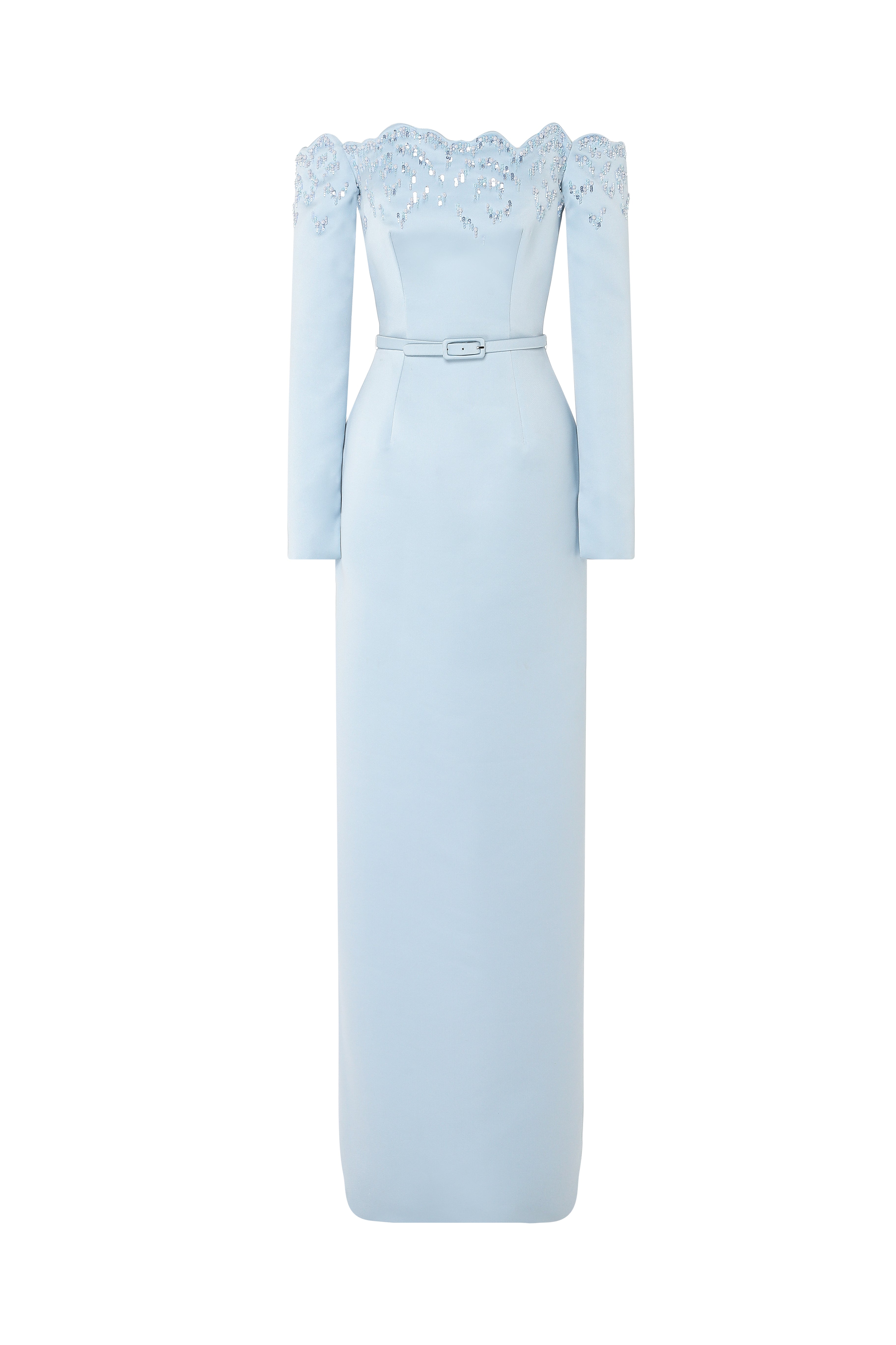 Off-shoulder embroidered tubino dress with belt.