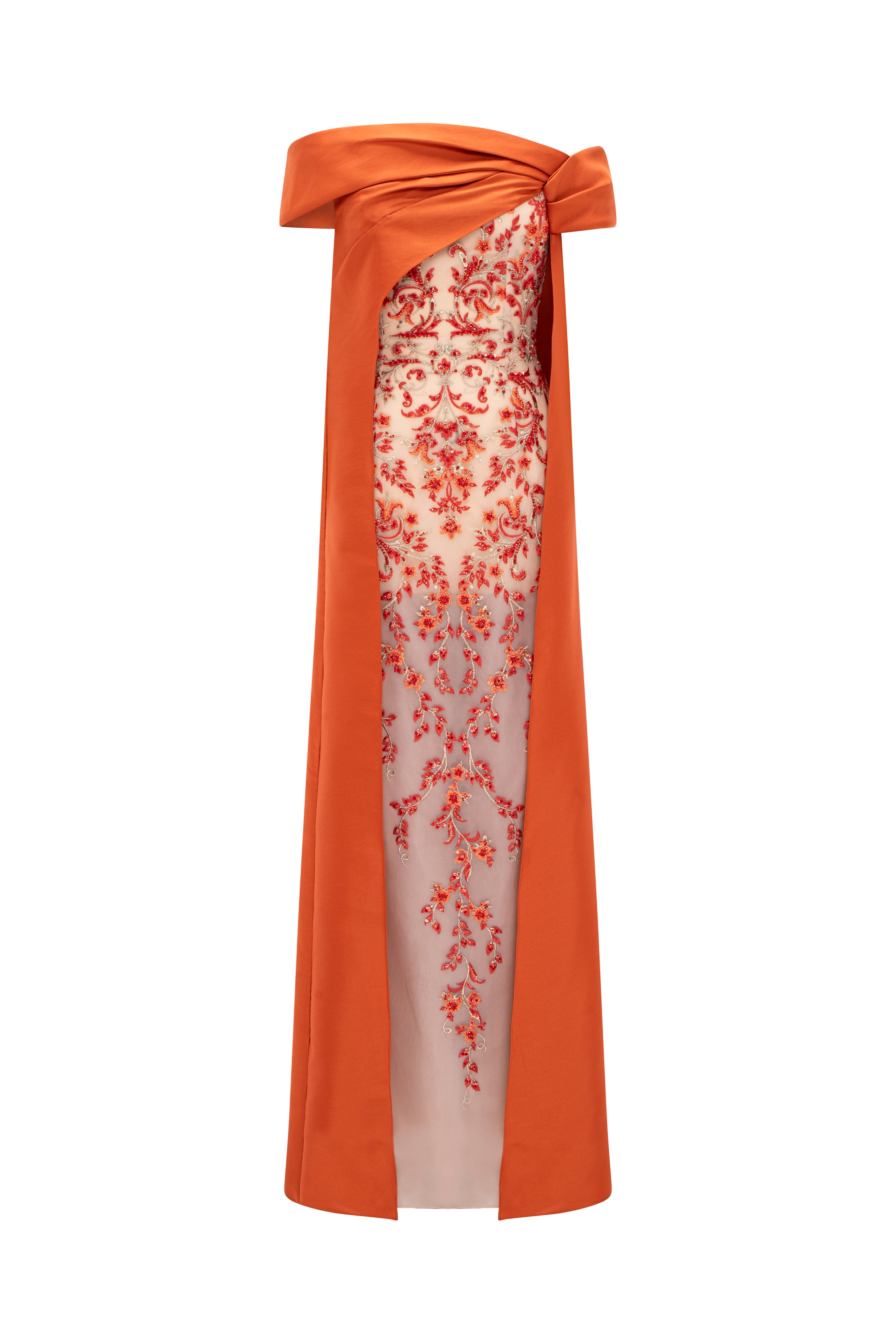 Fully Beaded Embroidered Column Gown With Asymmetrical Off-Shoulder Cape.