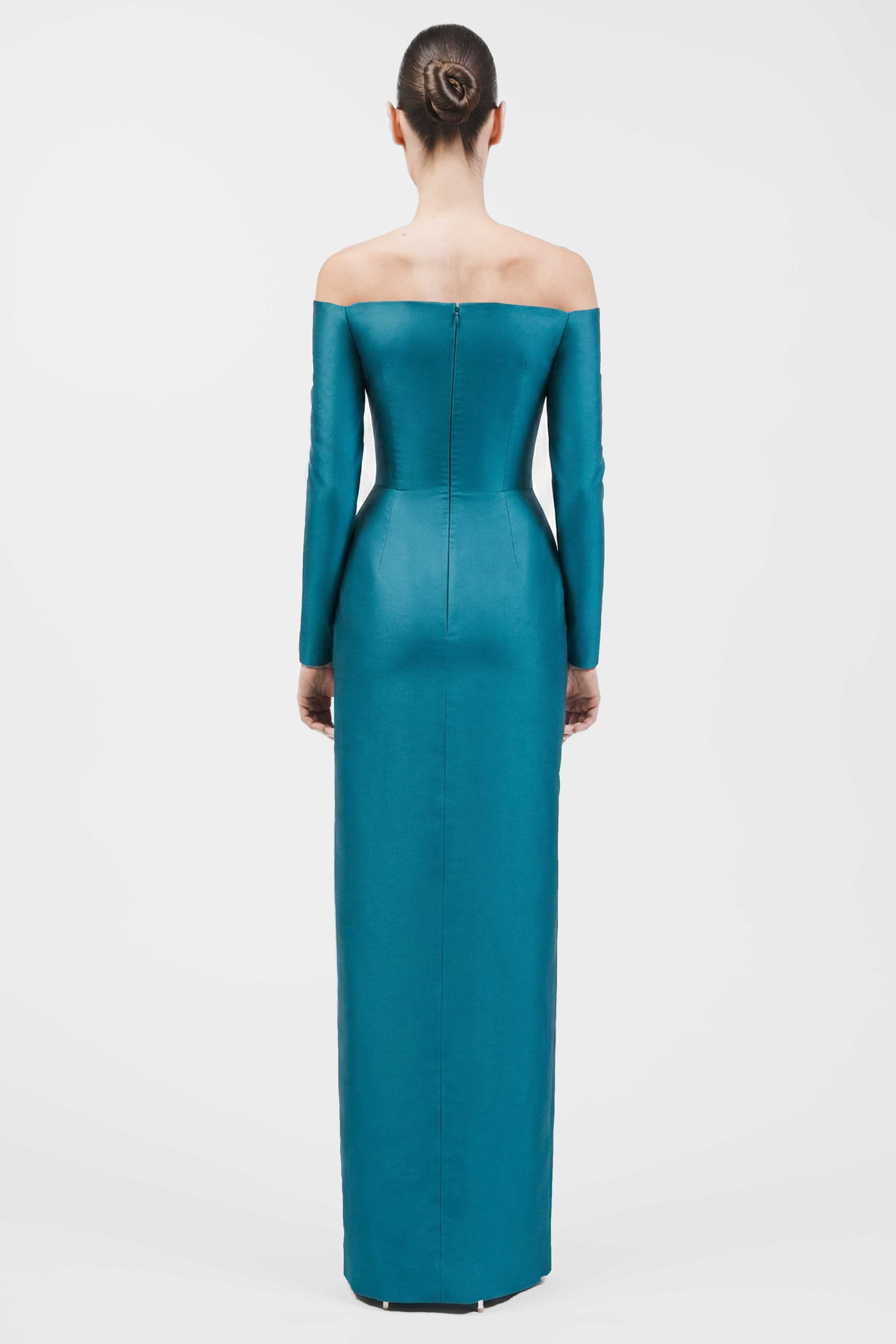 Off-Shoulder Column Gown With Structured Draped Bodice And Front Slit.
