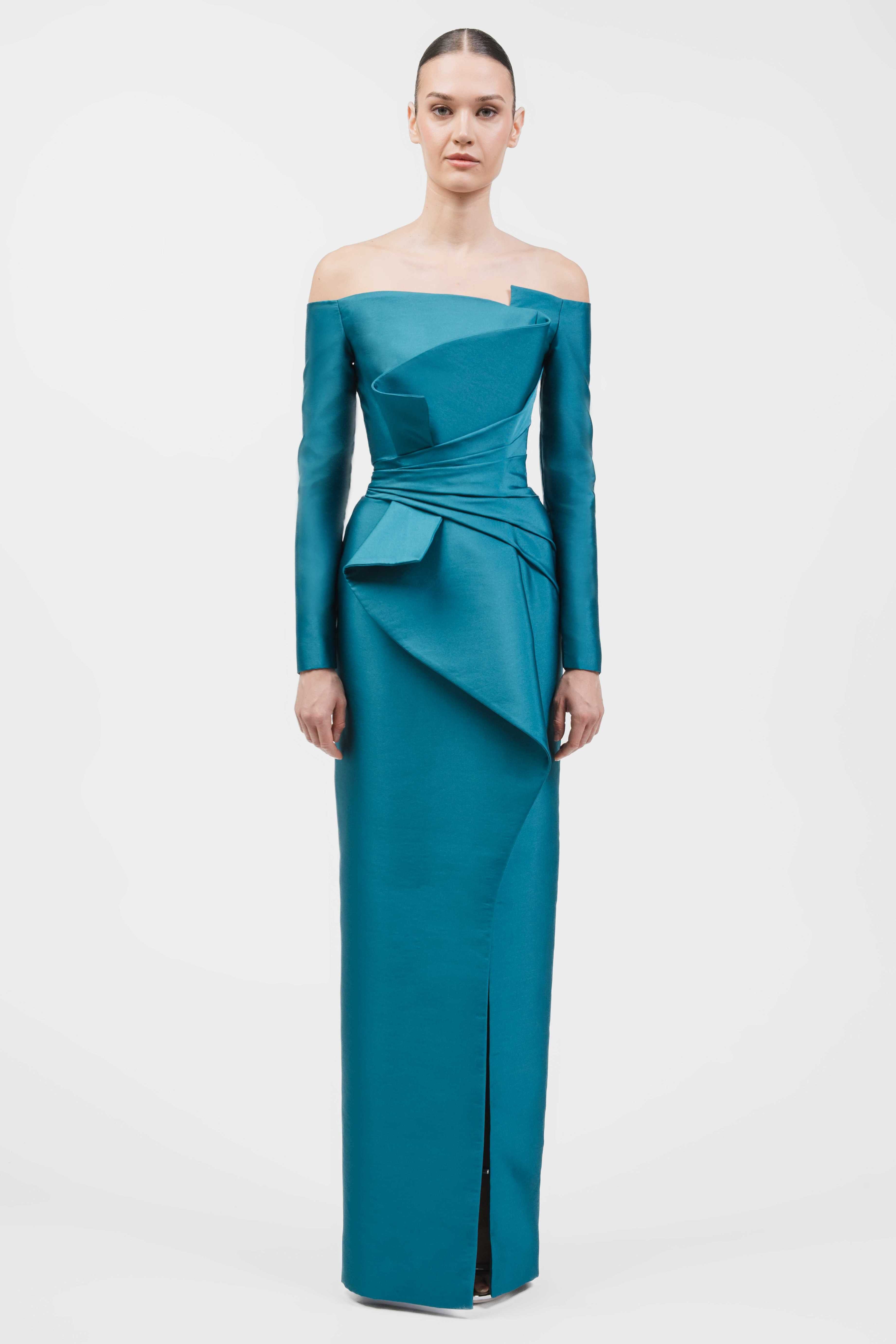 Off-Shoulder Column Gown With Structured Draped Bodice And Front Slit