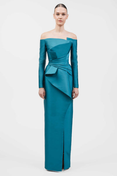 Off-Shoulder Column Gown With Structured Draped Bodice And Front Slit.