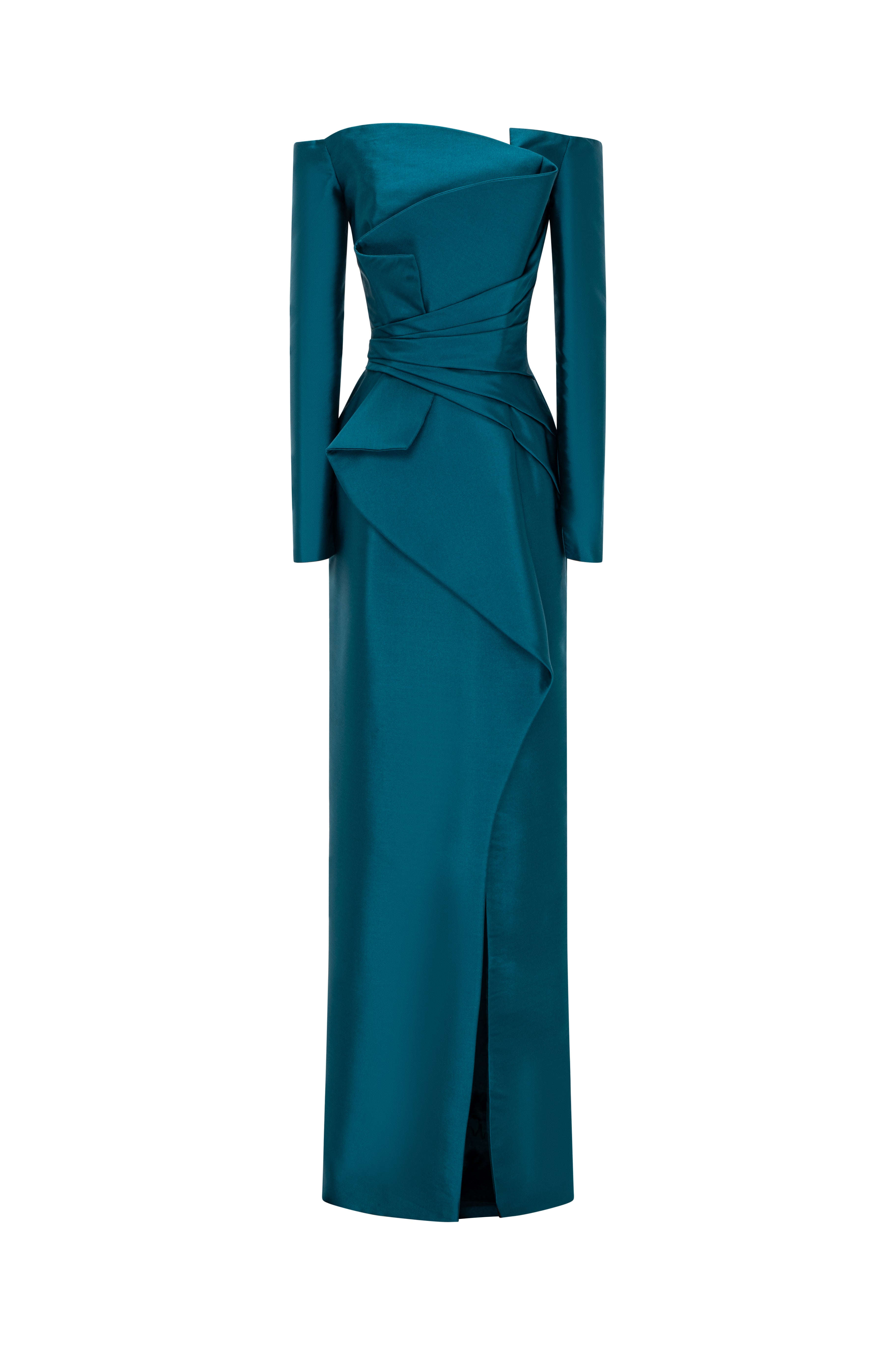 Off-Shoulder Column Gown With Structured Draped Bodice And Front Slit.