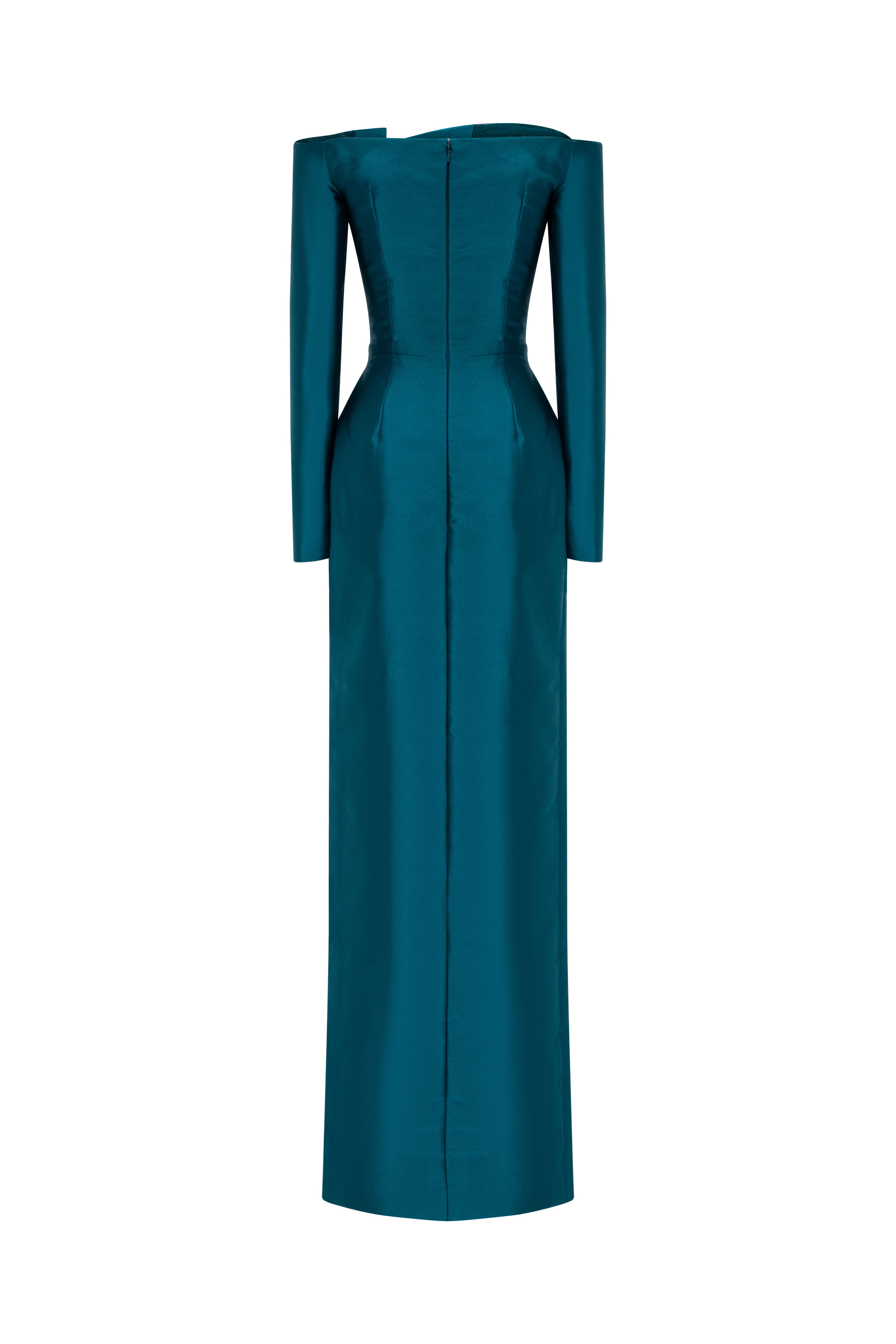 Off-Shoulder Column Gown With Structured Draped Bodice And Front Slit.