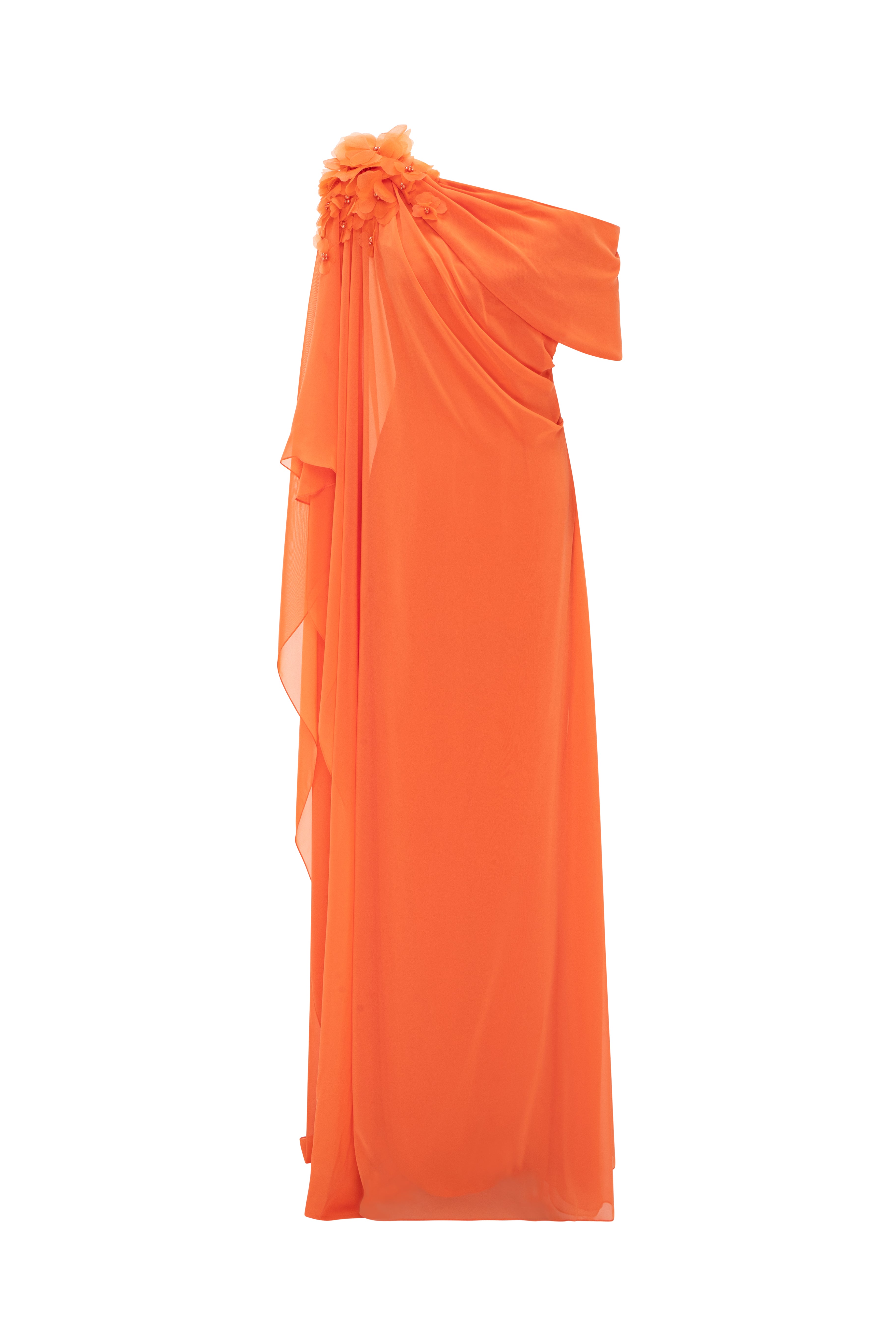 One-Shoulder Draped Muslin Gown With Floral Shoulder Detail And Side Cape.