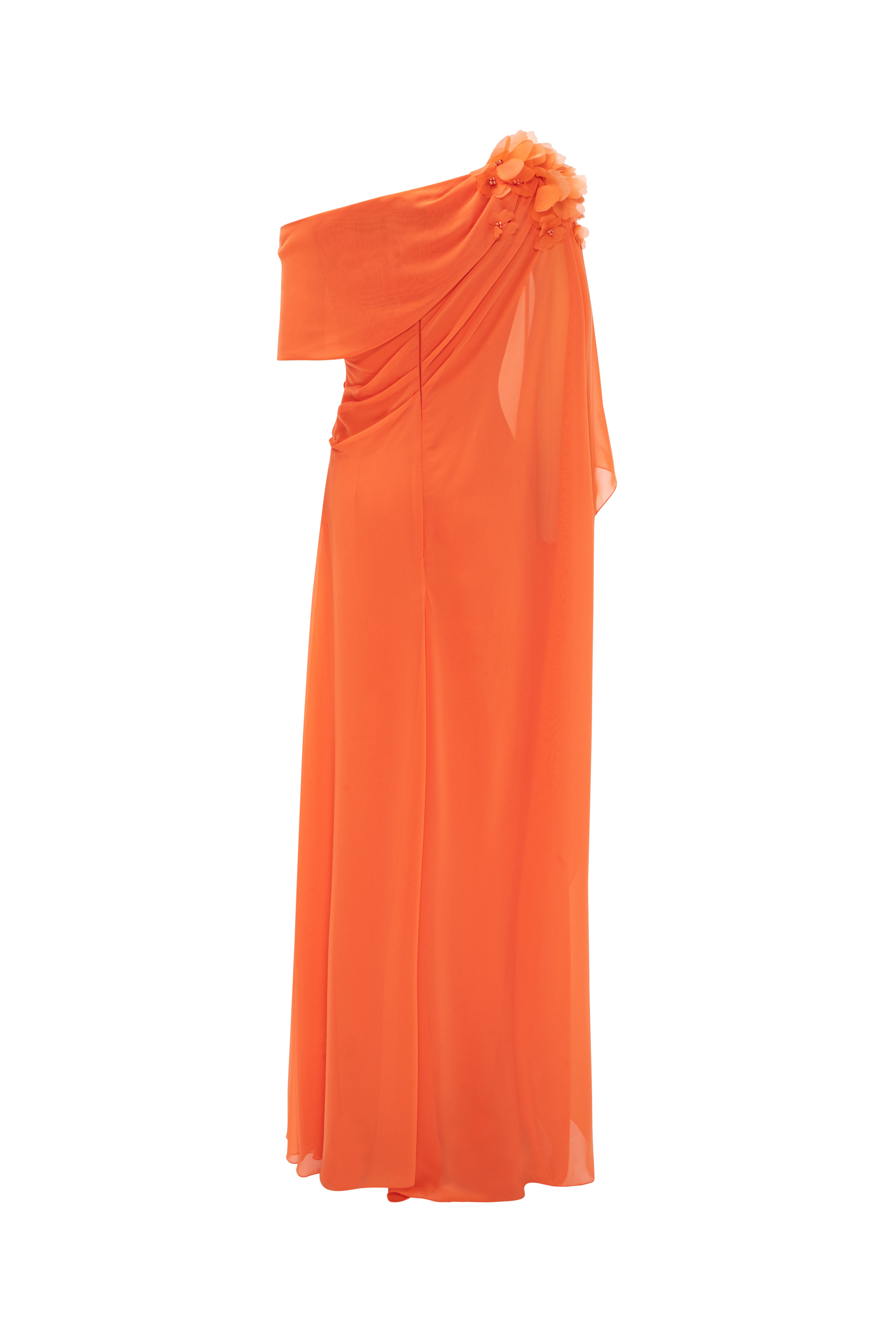 One-Shoulder Draped Muslin Gown With Floral Shoulder Detail And Side Cape.
