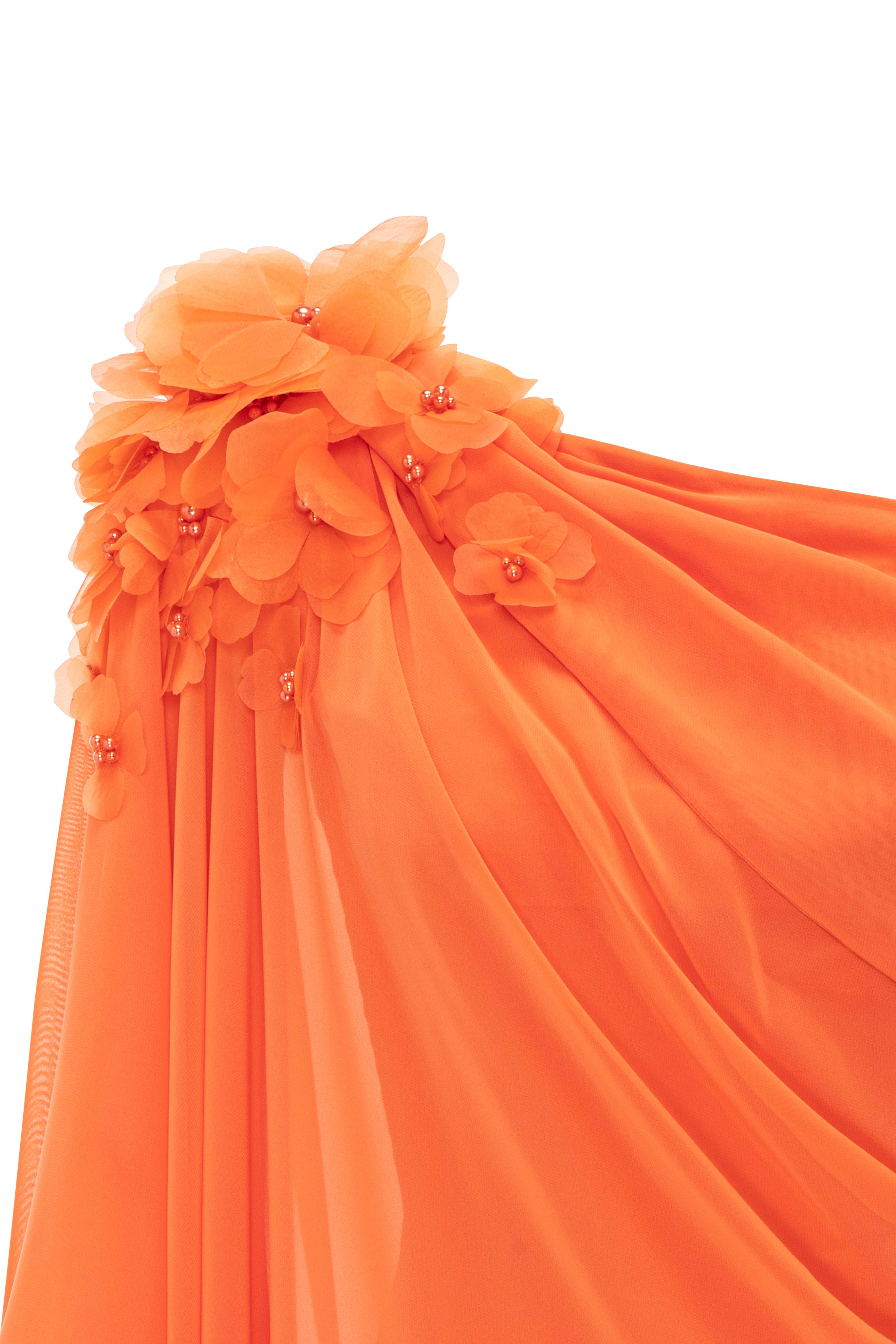 One-Shoulder Draped Muslin Gown With Floral Shoulder Detail And Side Cape.