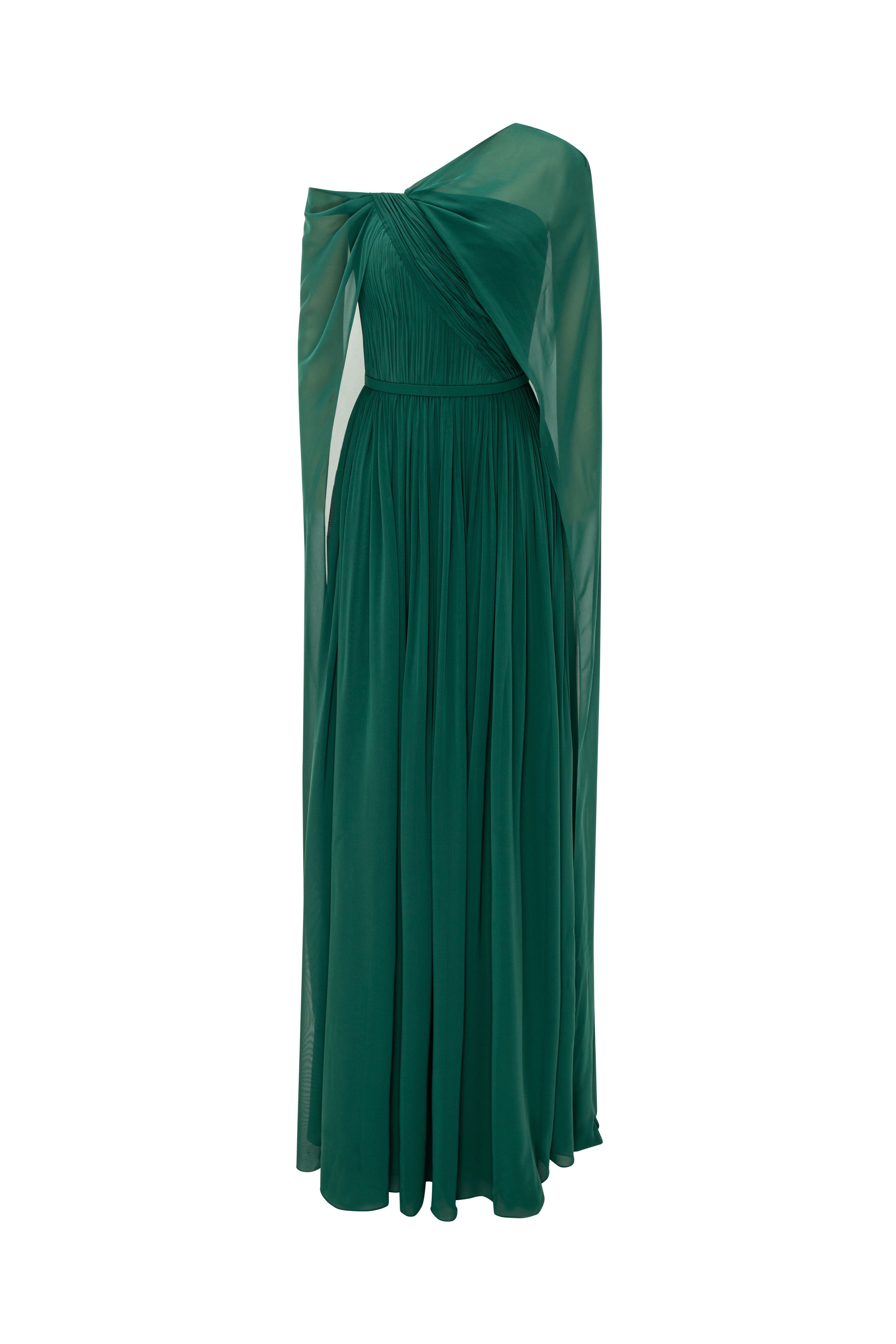 Asymmetrically Draped Muslin Gown With Cape Overlay And Flowing Silhouette.