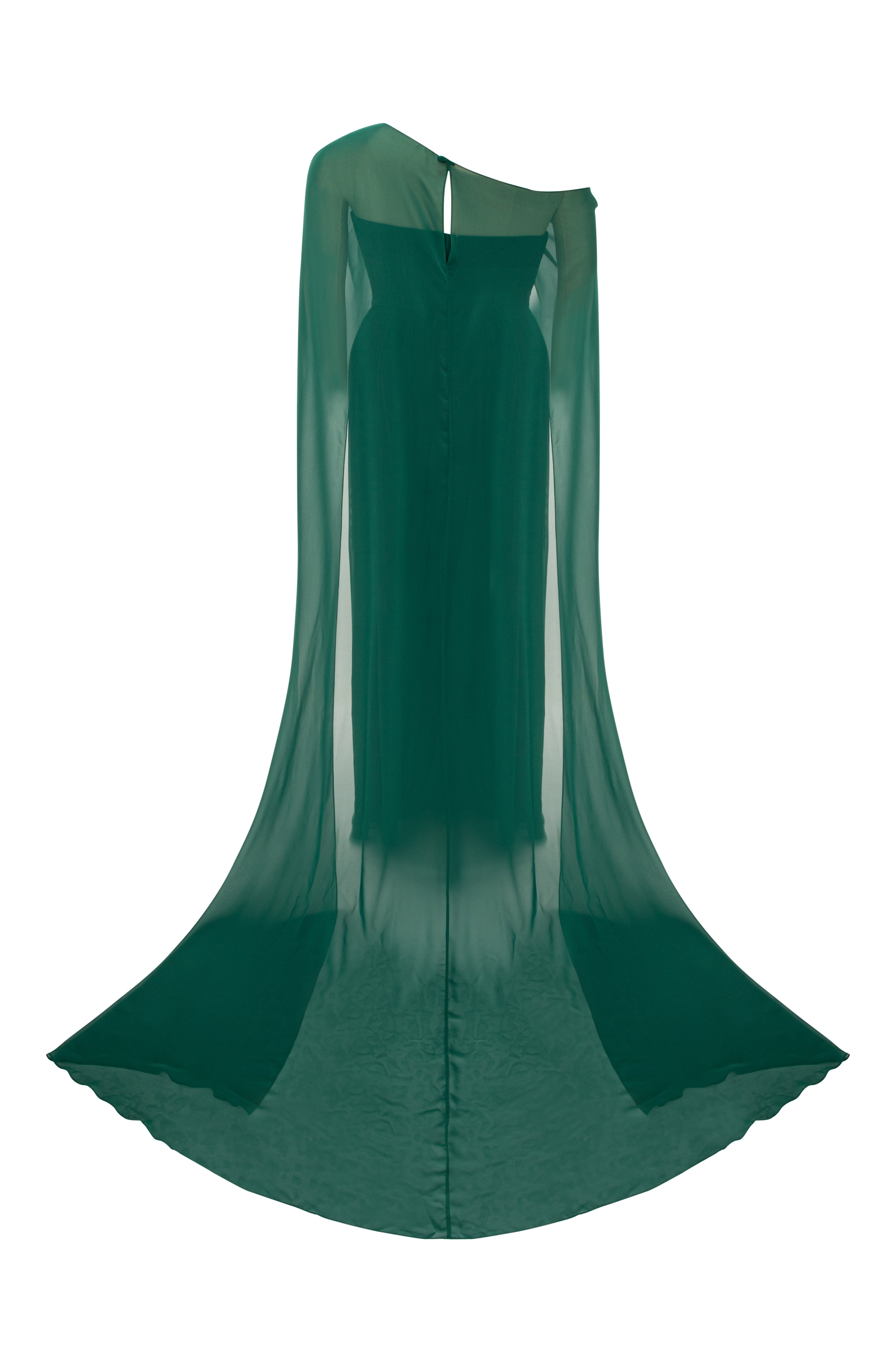 Asymmetrically Draped Muslin Gown With Cape Overlay And Flowing Silhouette.