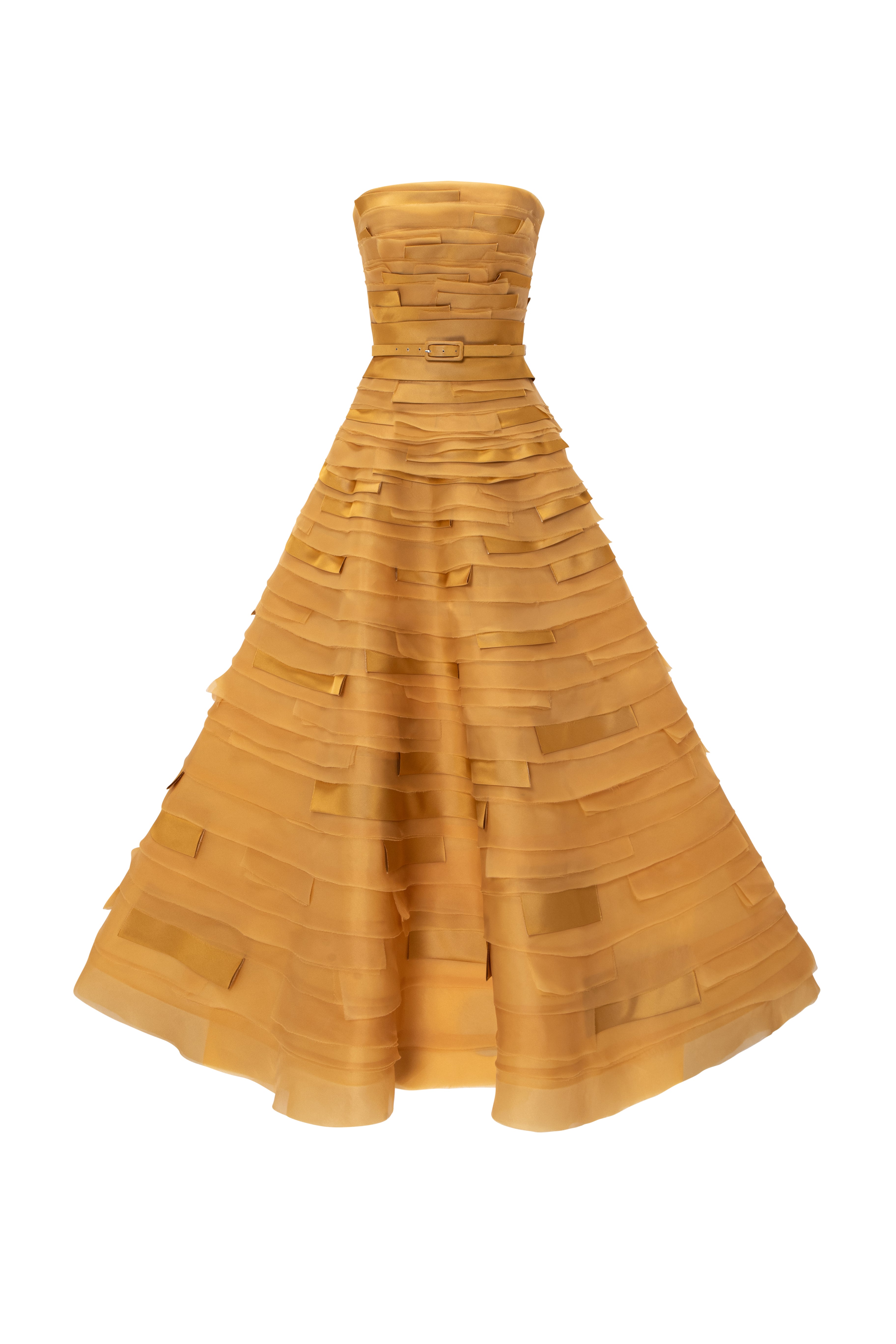 Strapless Tea-Length Gown With Multi- Layered Geometric Panelling.