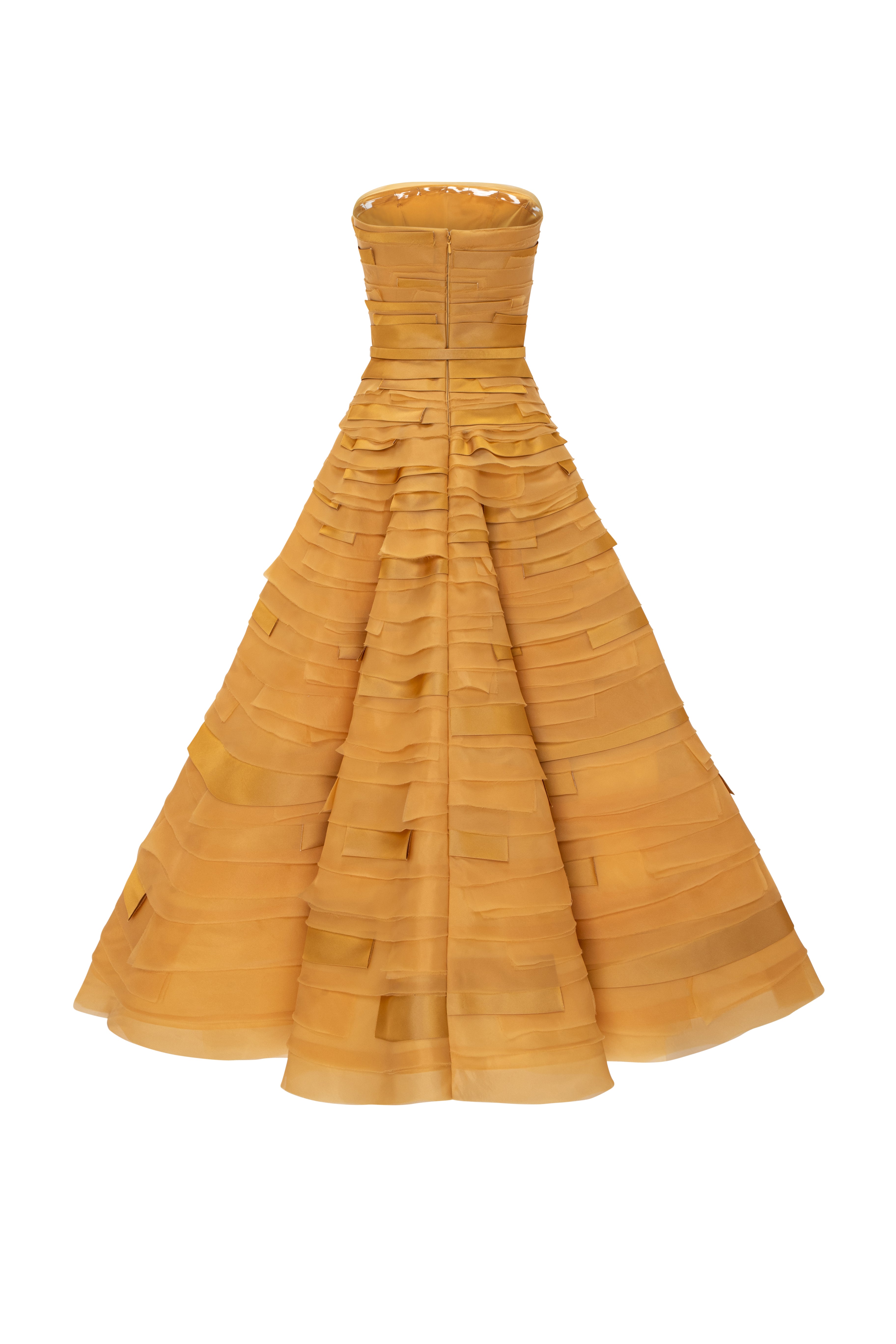 Strapless Tea-Length Gown With Multi- Layered Geometric Panelling.