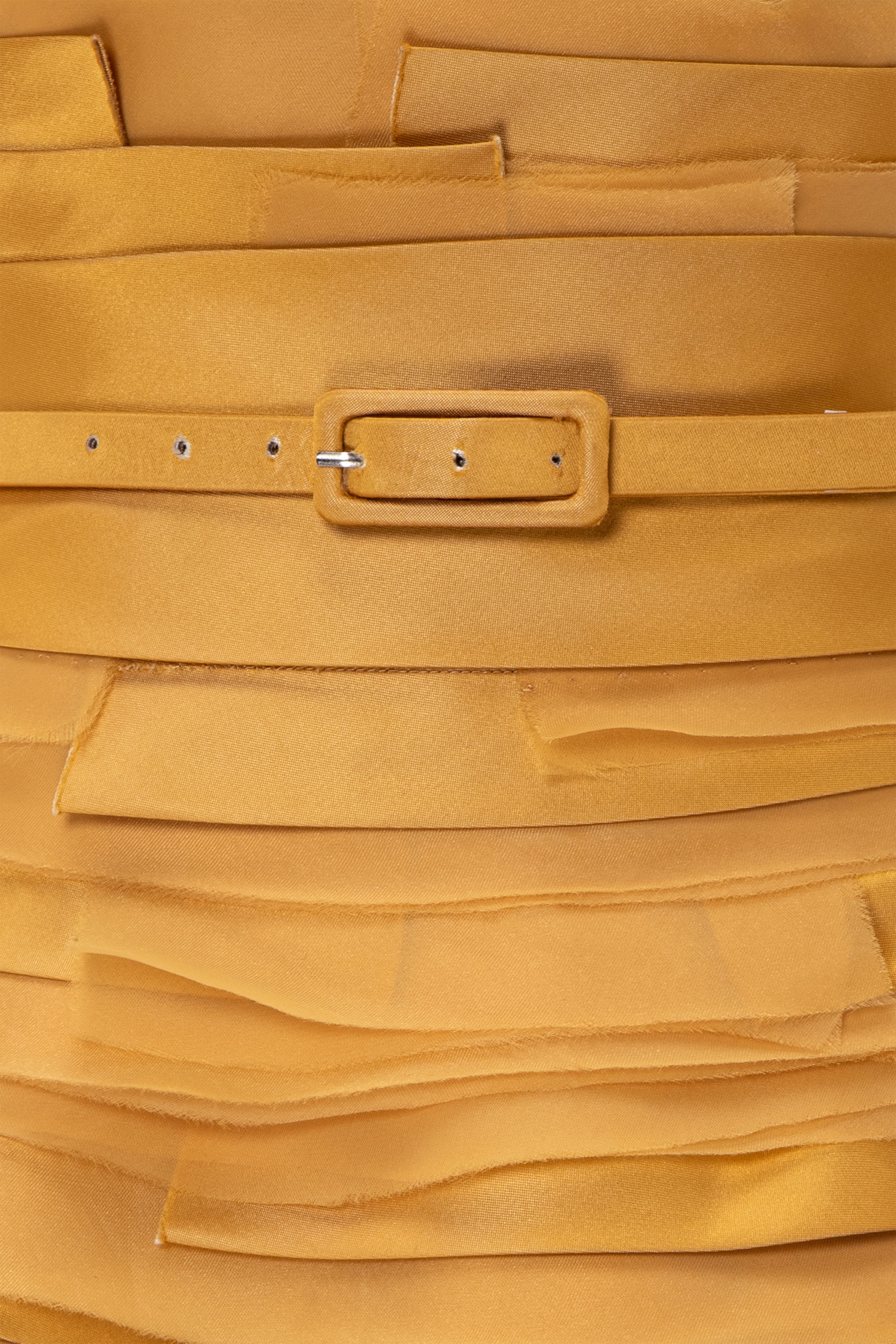 Strapless Tea-Length Gown With Multi- Layered Geometric Panelling.