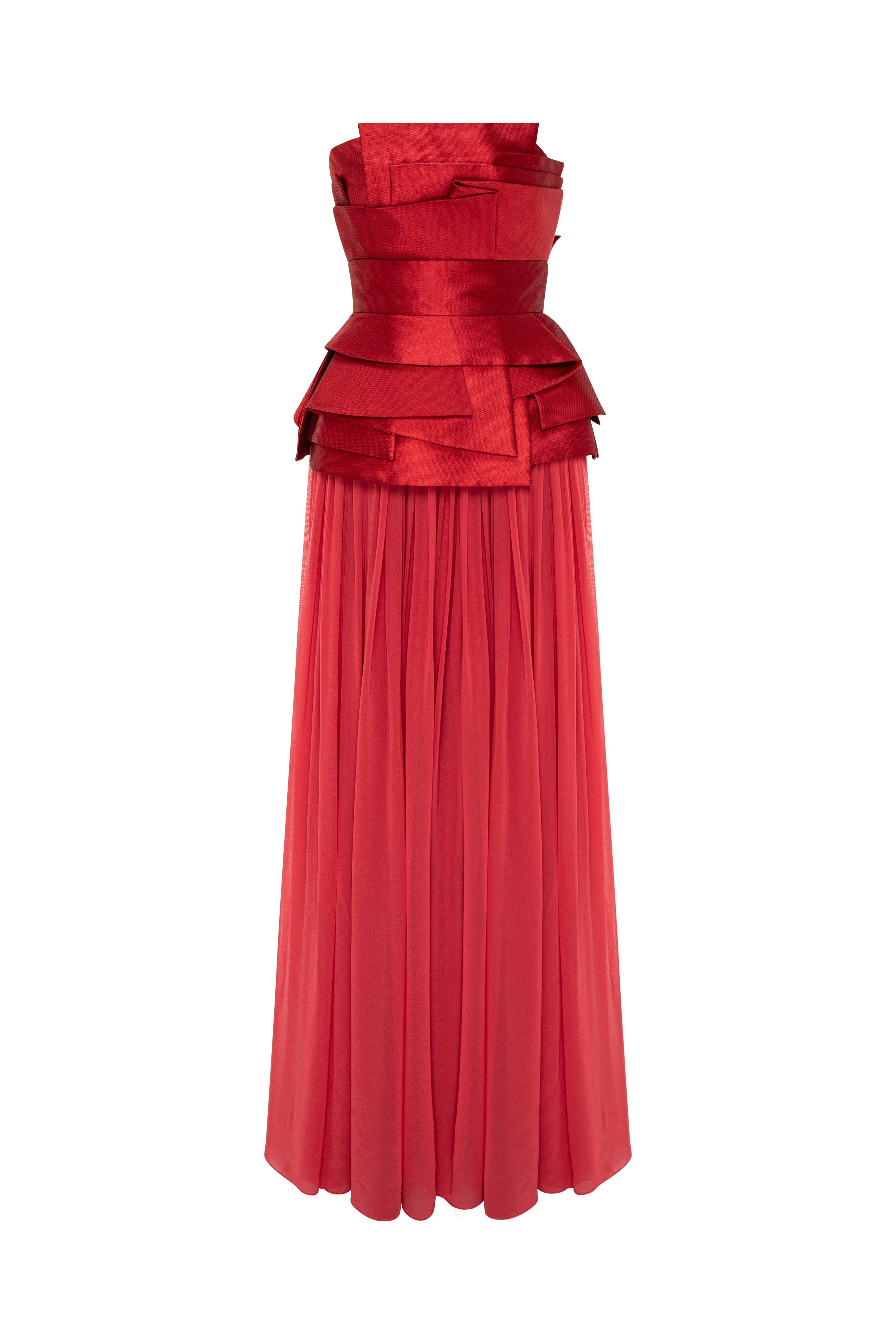 Strapless Gown With Multi-Layered Geometric Bodice With Peplum And Draped Skirt.
