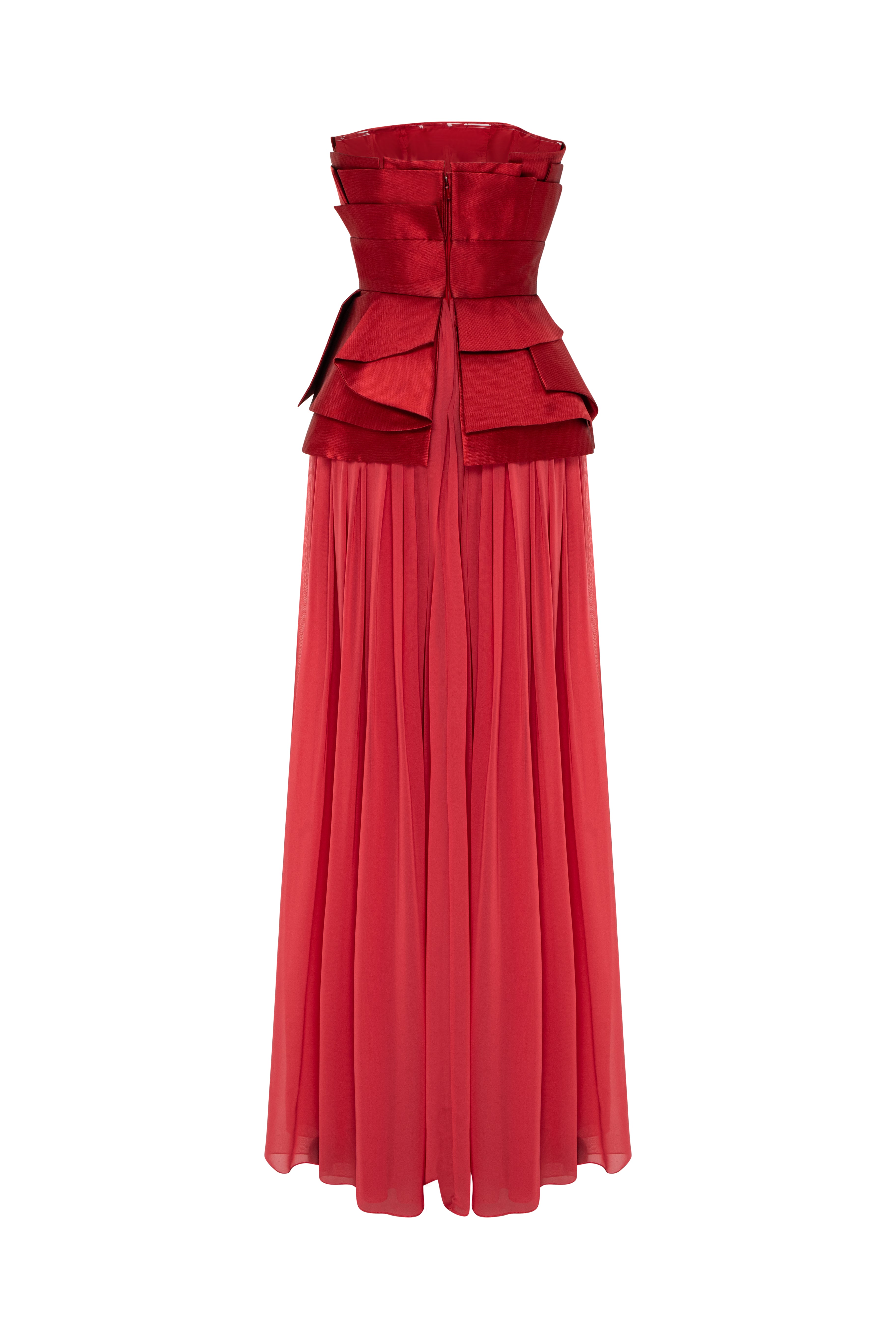 Strapless Gown With Multi-Layered Geometric Bodice With Peplum And Draped Skirt.