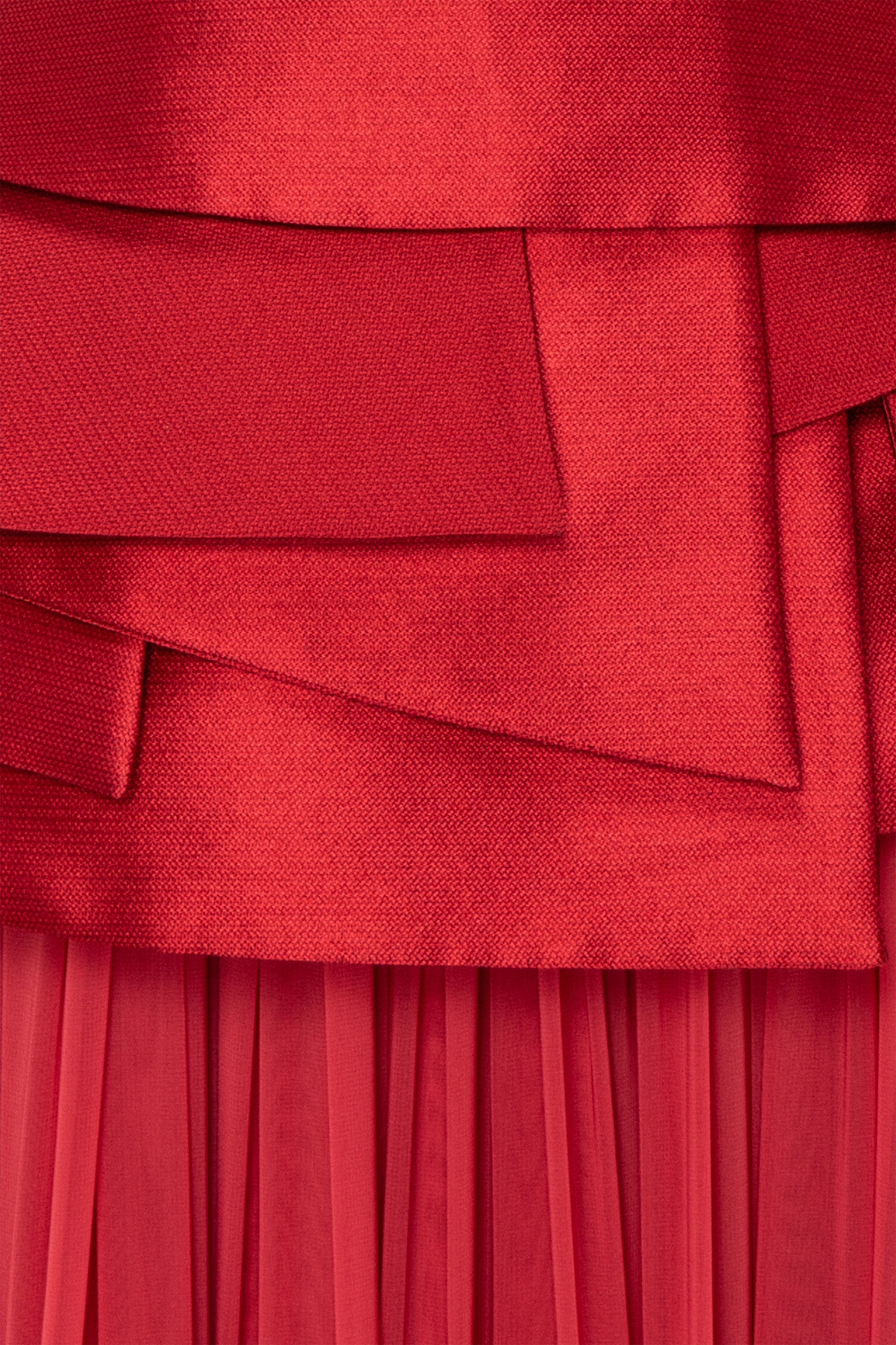 Strapless Gown With Multi-Layered Geometric Bodice With Peplum And Draped Skirt.