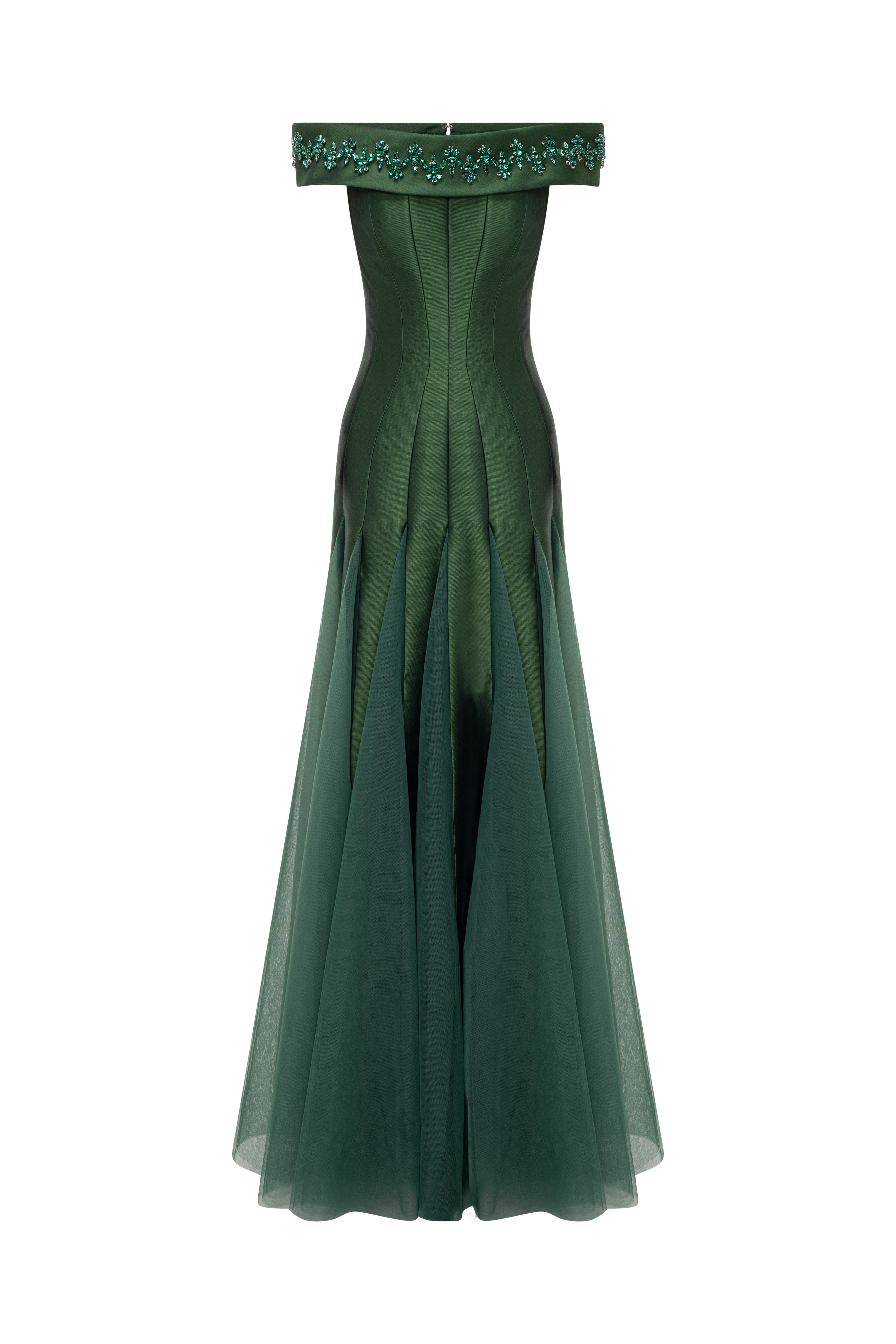Embellished Off-Shoulder Multi-Panelled Gown With A Tulle Godet Skirt.