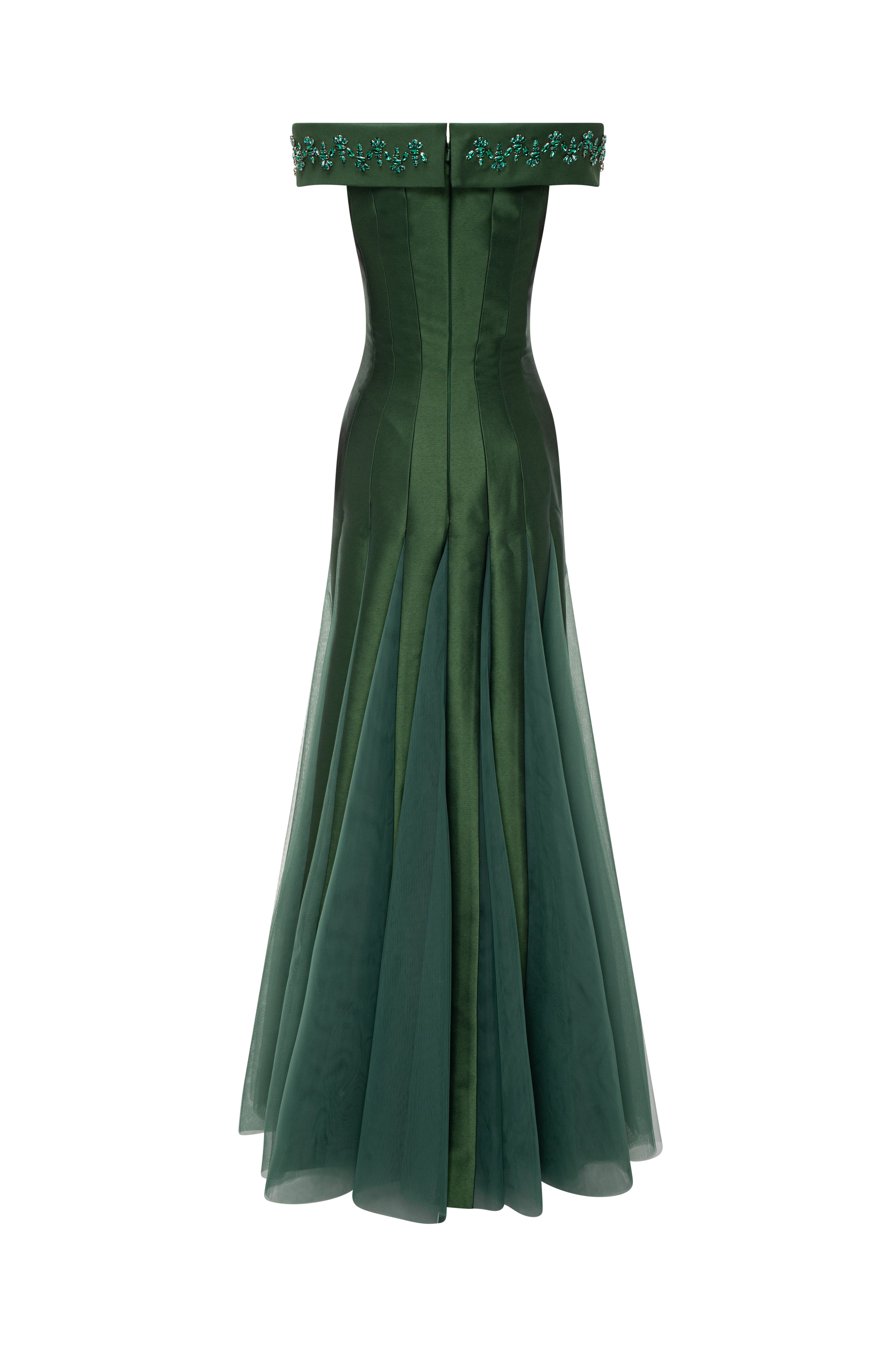 Embellished Off-Shoulder Multi-Panelled Gown With A Tulle Godet Skirt.