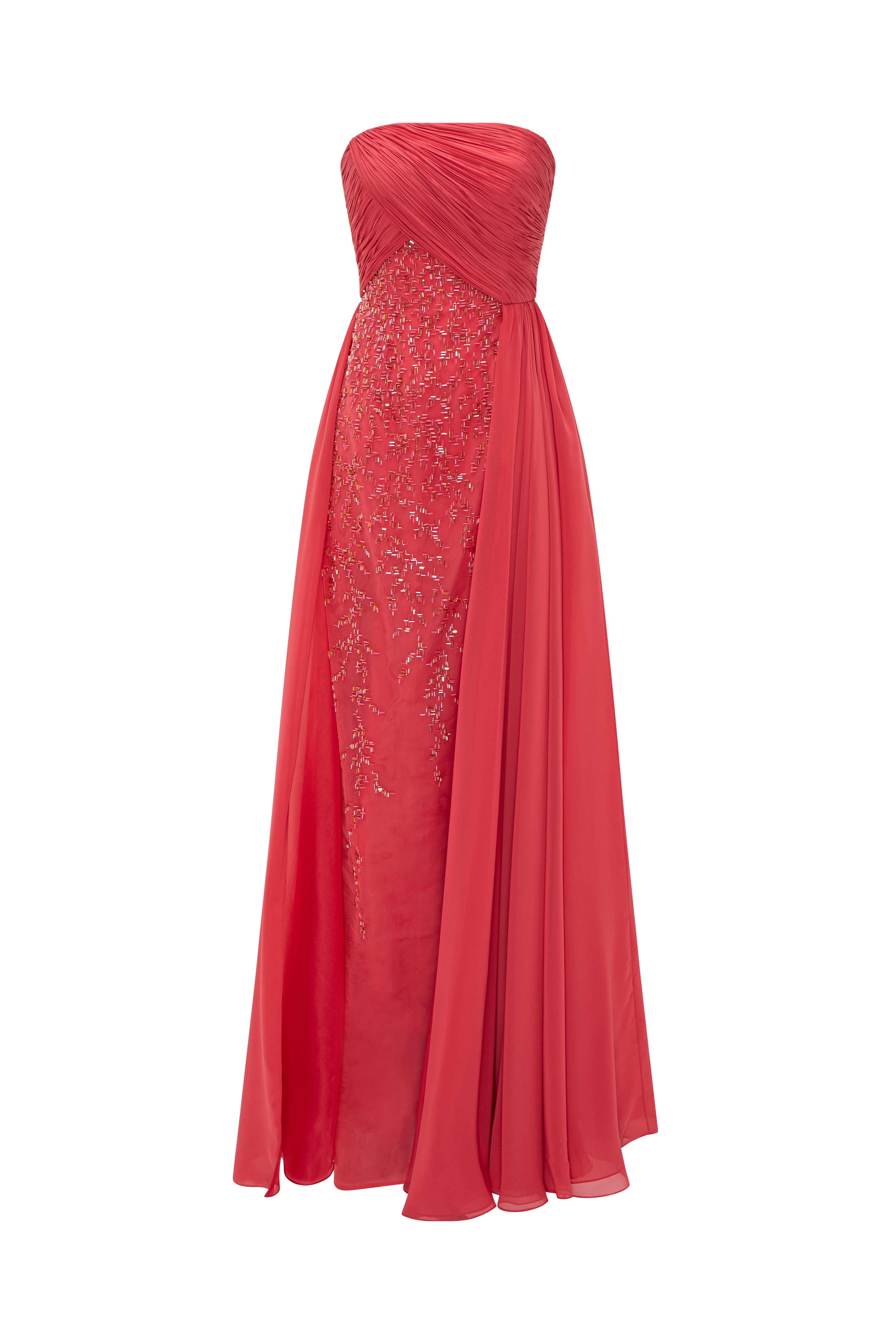 Strapless Asymmetrically Draped Gown With An Embellished Front Panel And Overskirt.