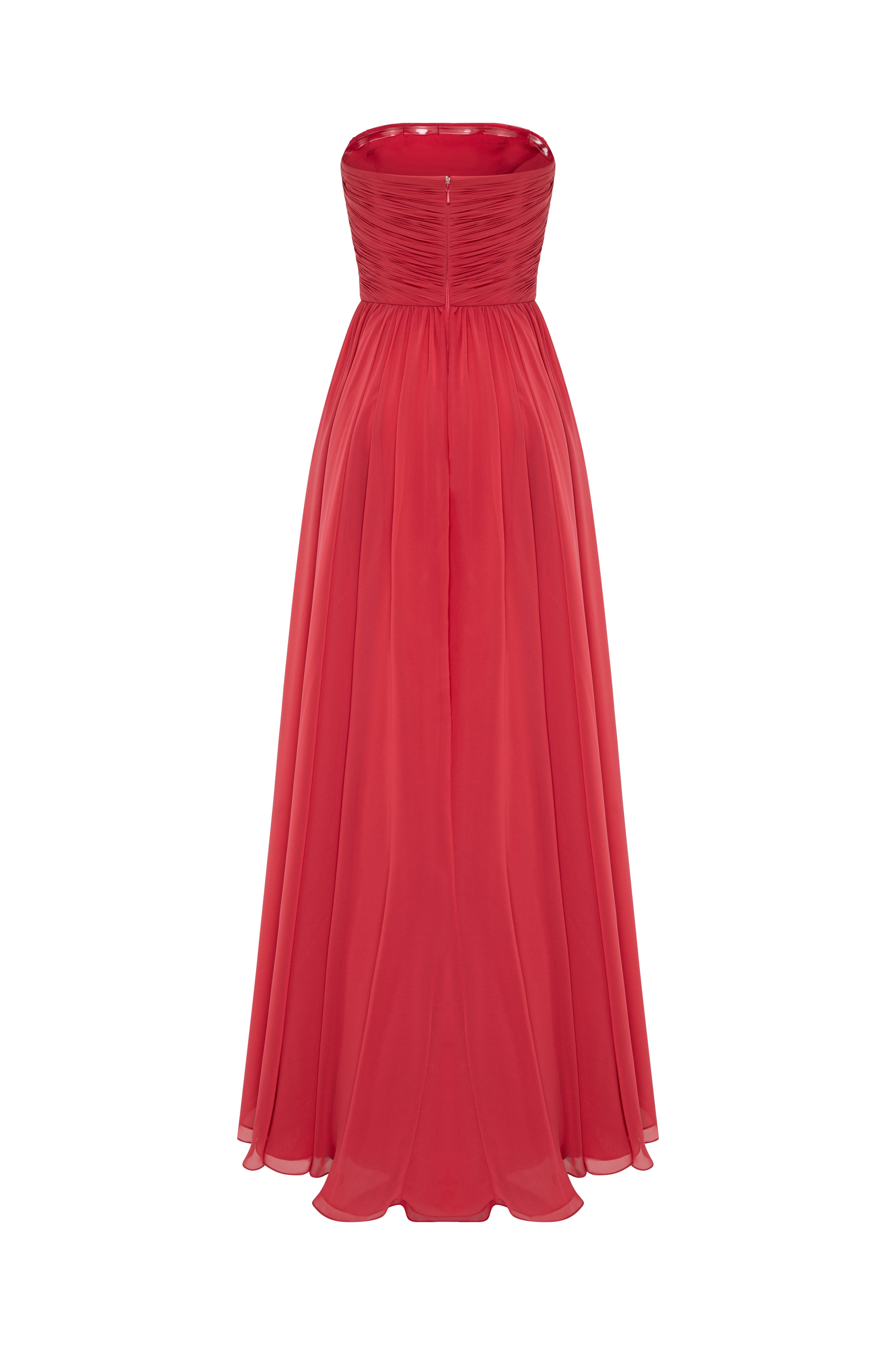 Strapless Asymmetrically Draped Gown With An Embellished Front Panel And Overskirt.
