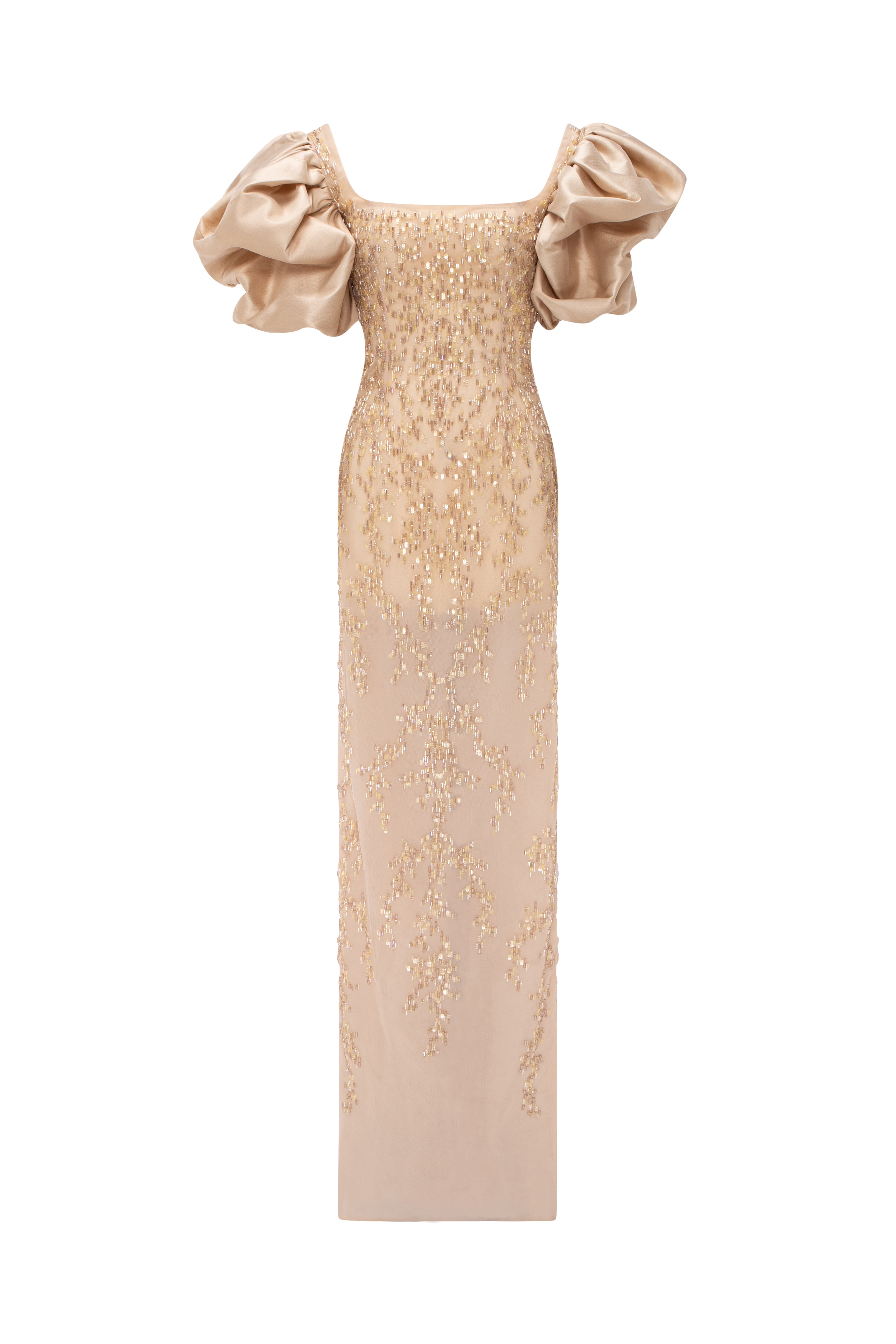 Fully Beaded Column Gown With Square Neckline And Voluminous Puff Sleeves.