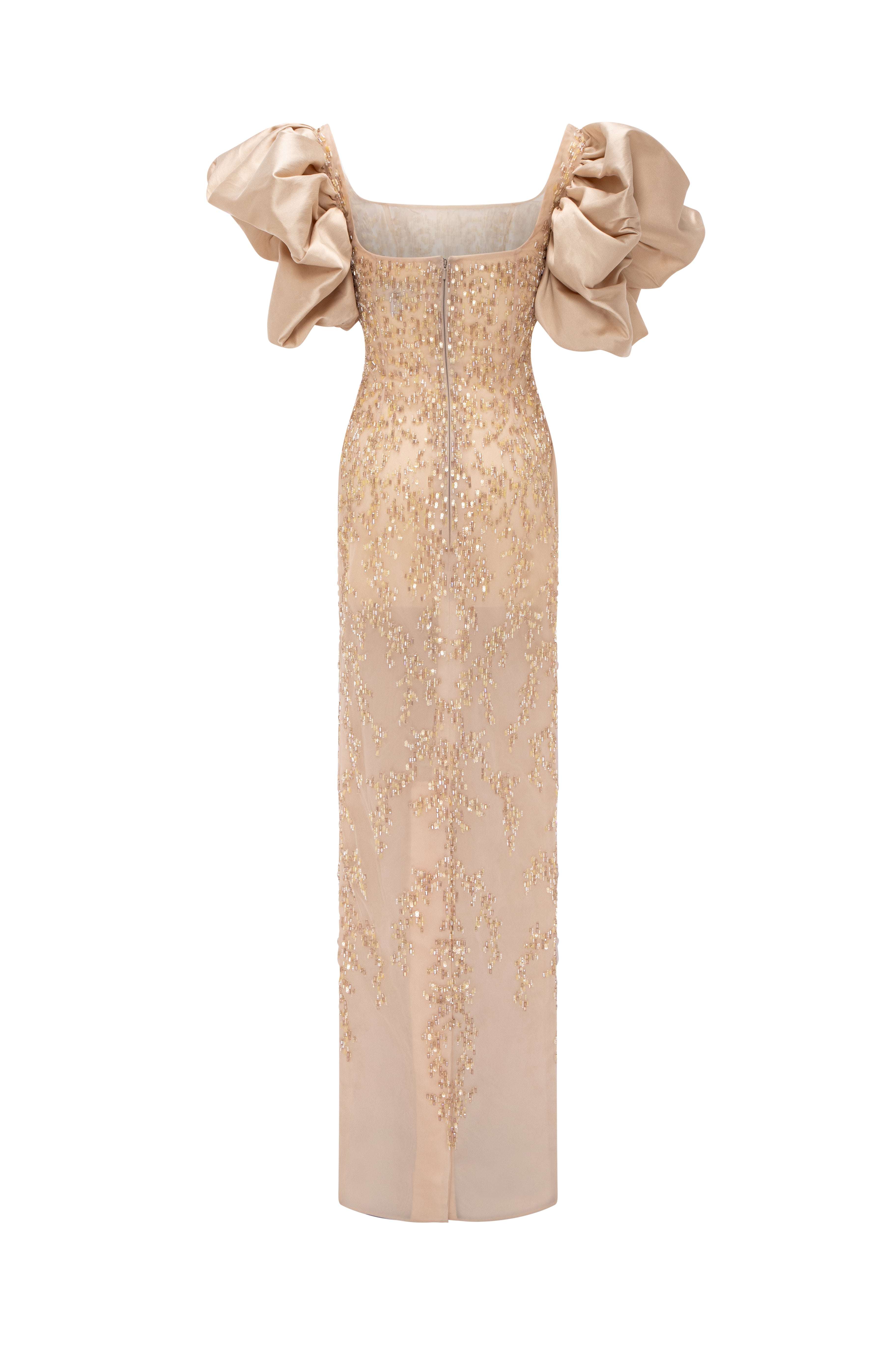 Fully Beaded Column Gown With Square Neckline And Voluminous Puff Sleeves.