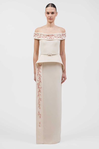 Off-Shoulder Column Gown With Sculptural Peplum, Crystal Embellishment.