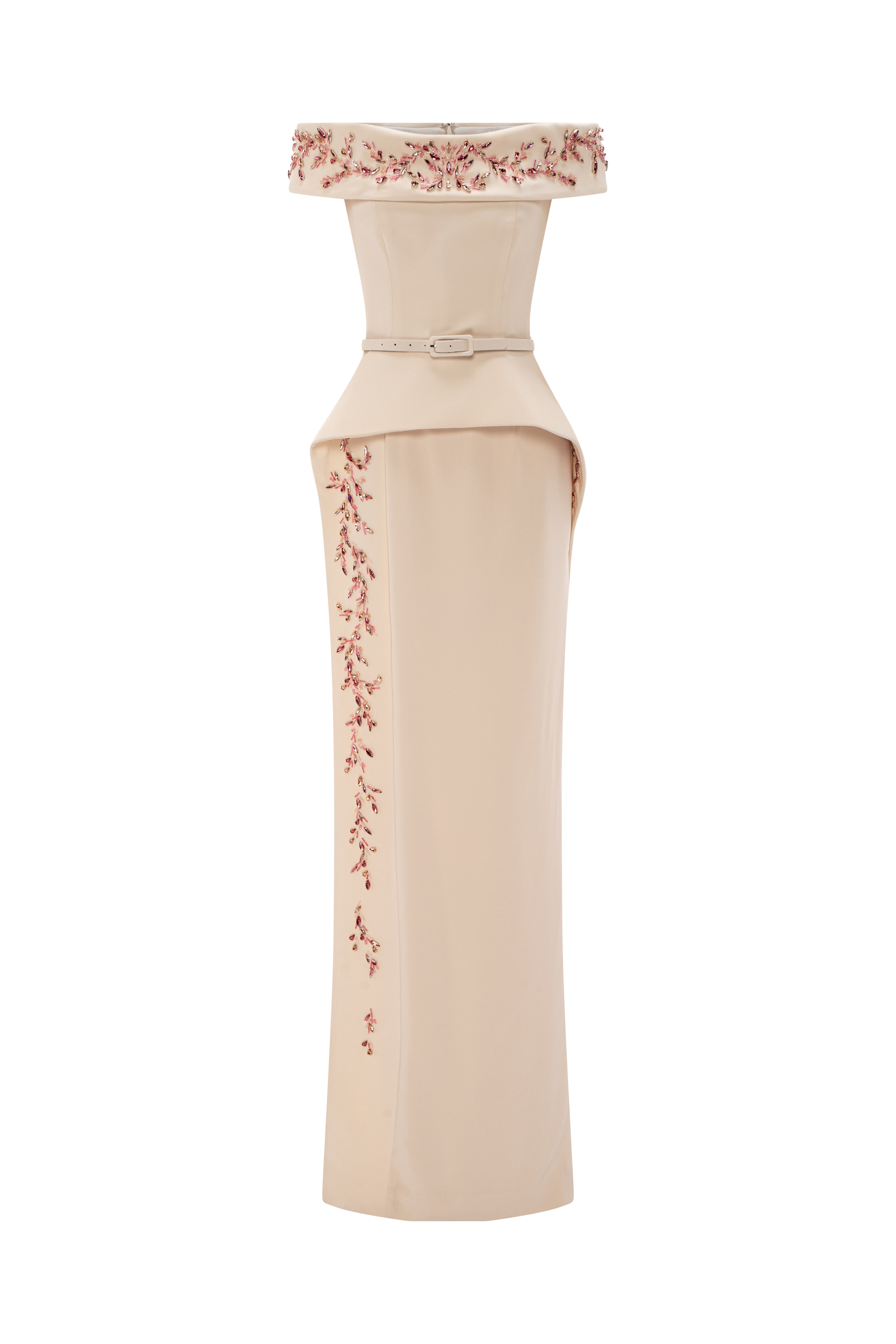 Off-Shoulder Column Gown With Sculptural Peplum, Crystal Embellishment.