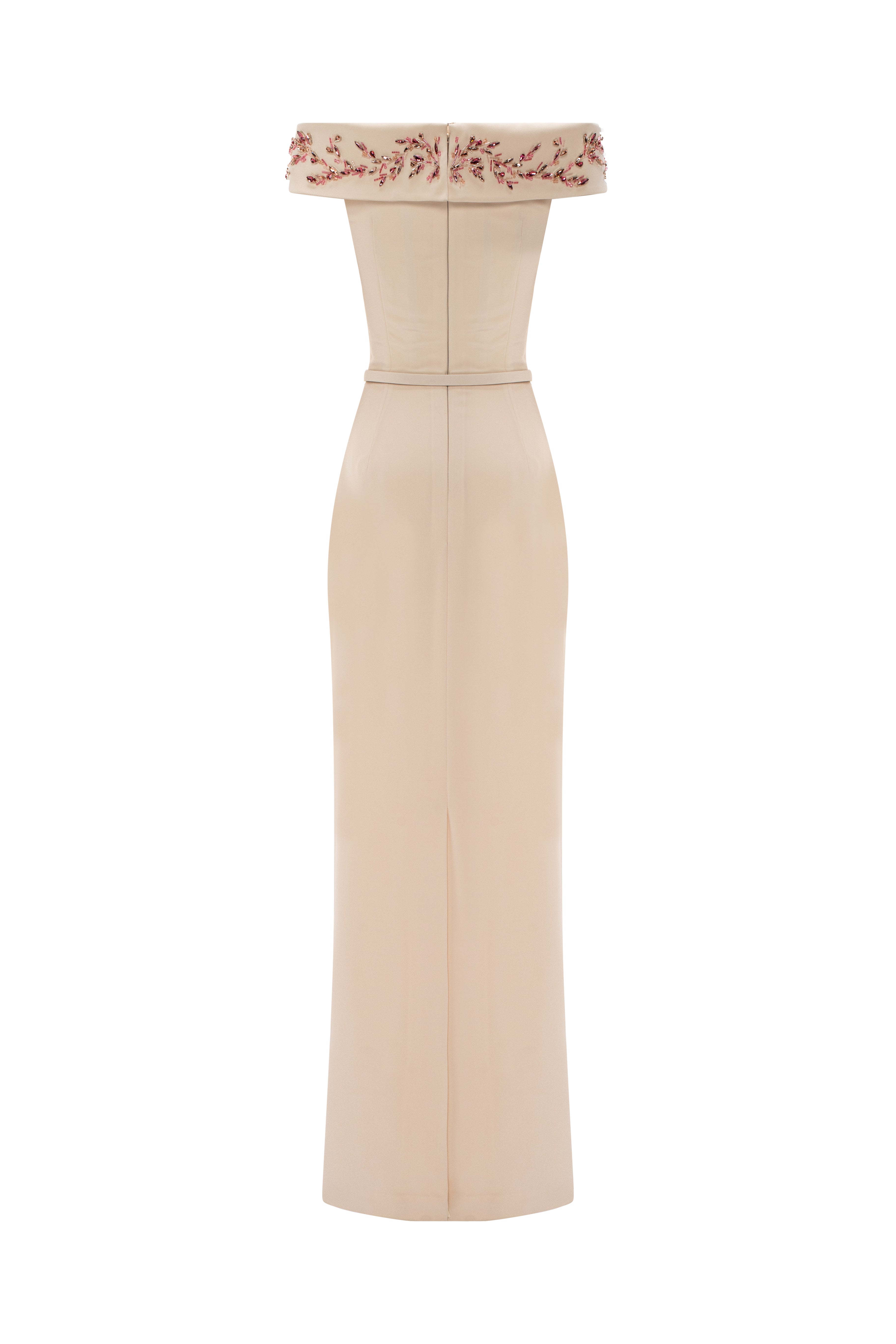 Off-Shoulder Column Gown With Sculptural Peplum, Crystal Embellishment.