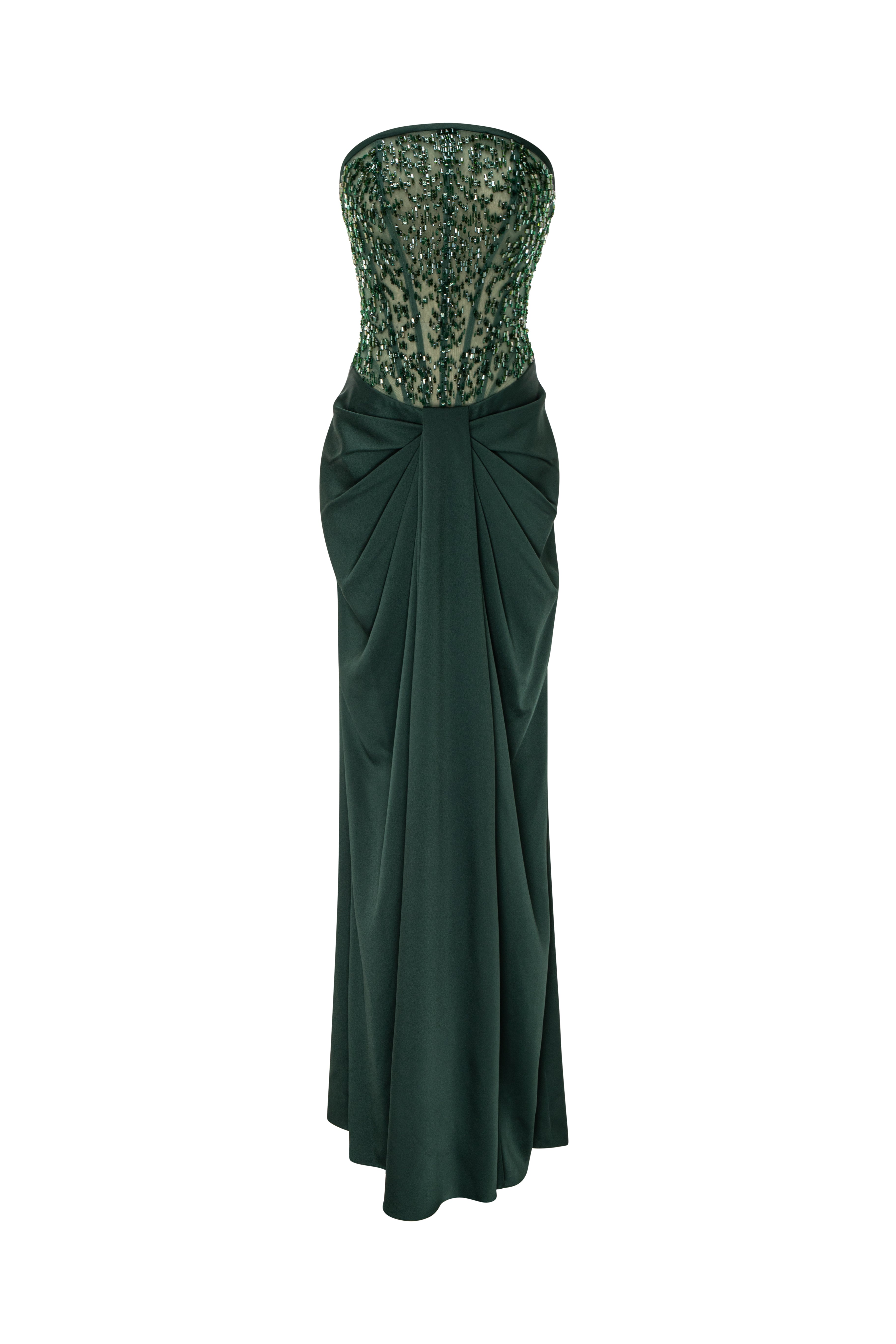 Strapless Beaded Corset Gown With Draped Skirt And Front Slit.