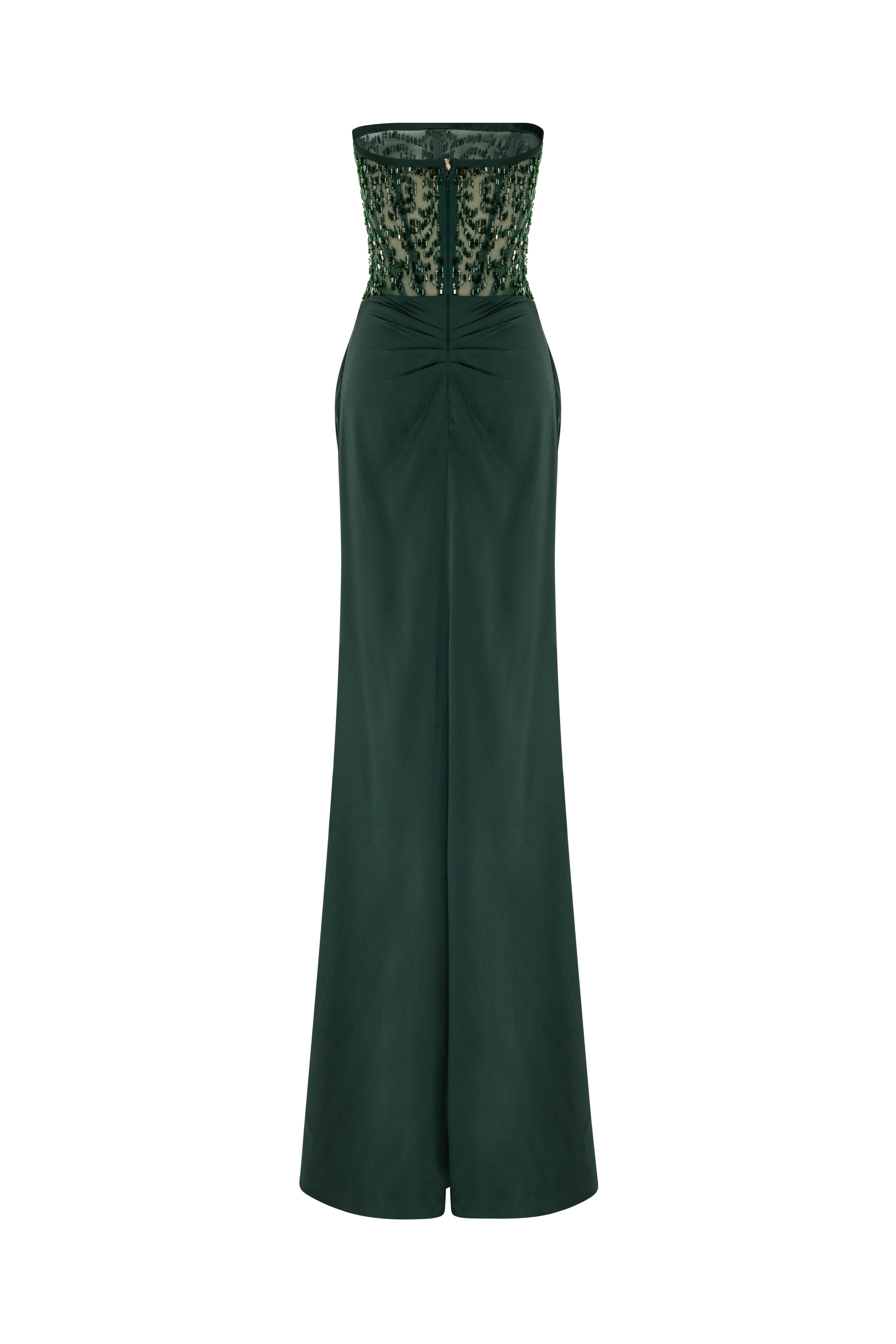Strapless Beaded Corset Gown With Draped Skirt And Front Slit.