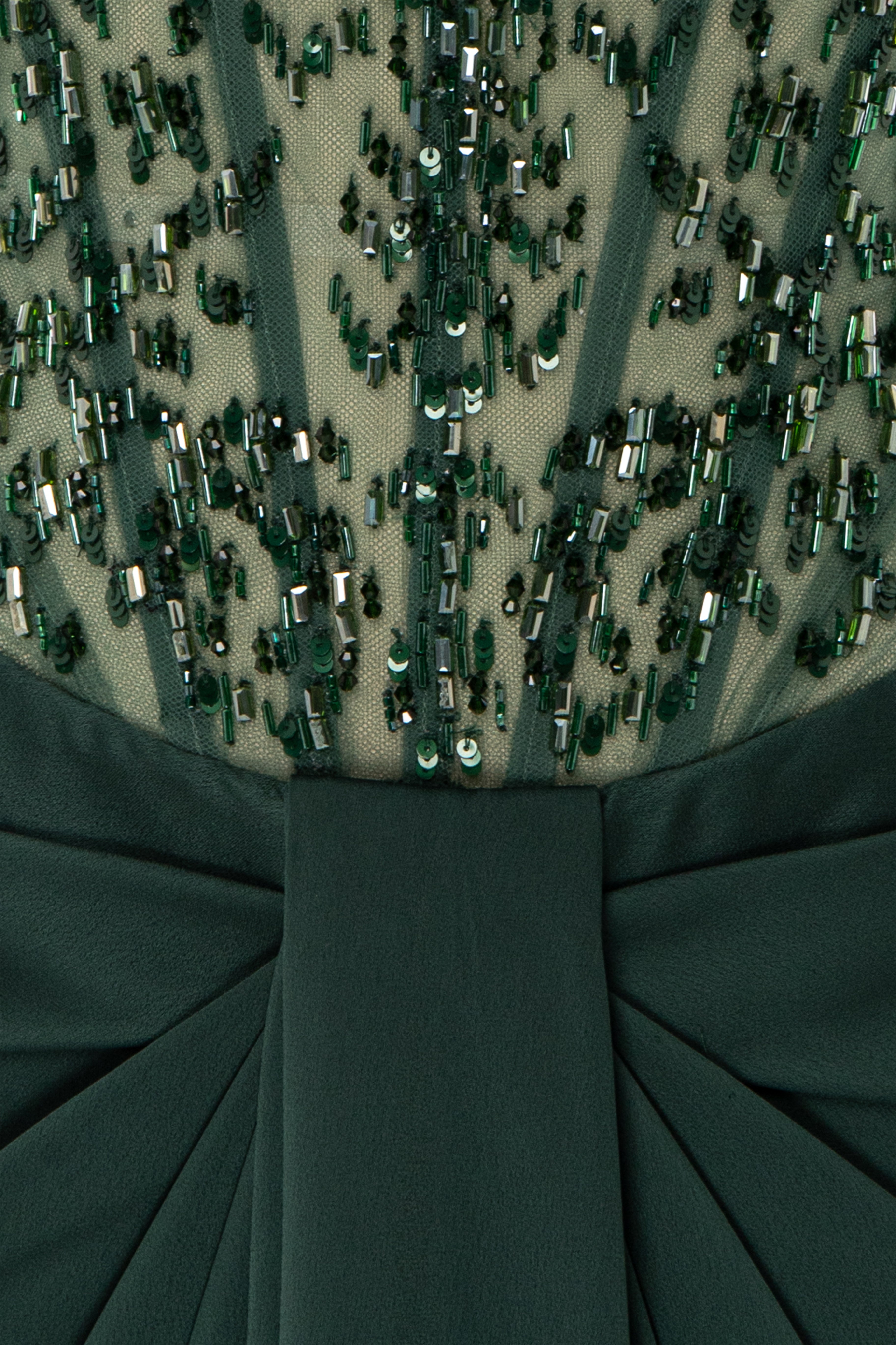 Strapless Beaded Corset Gown With Draped Skirt And Front Slit.