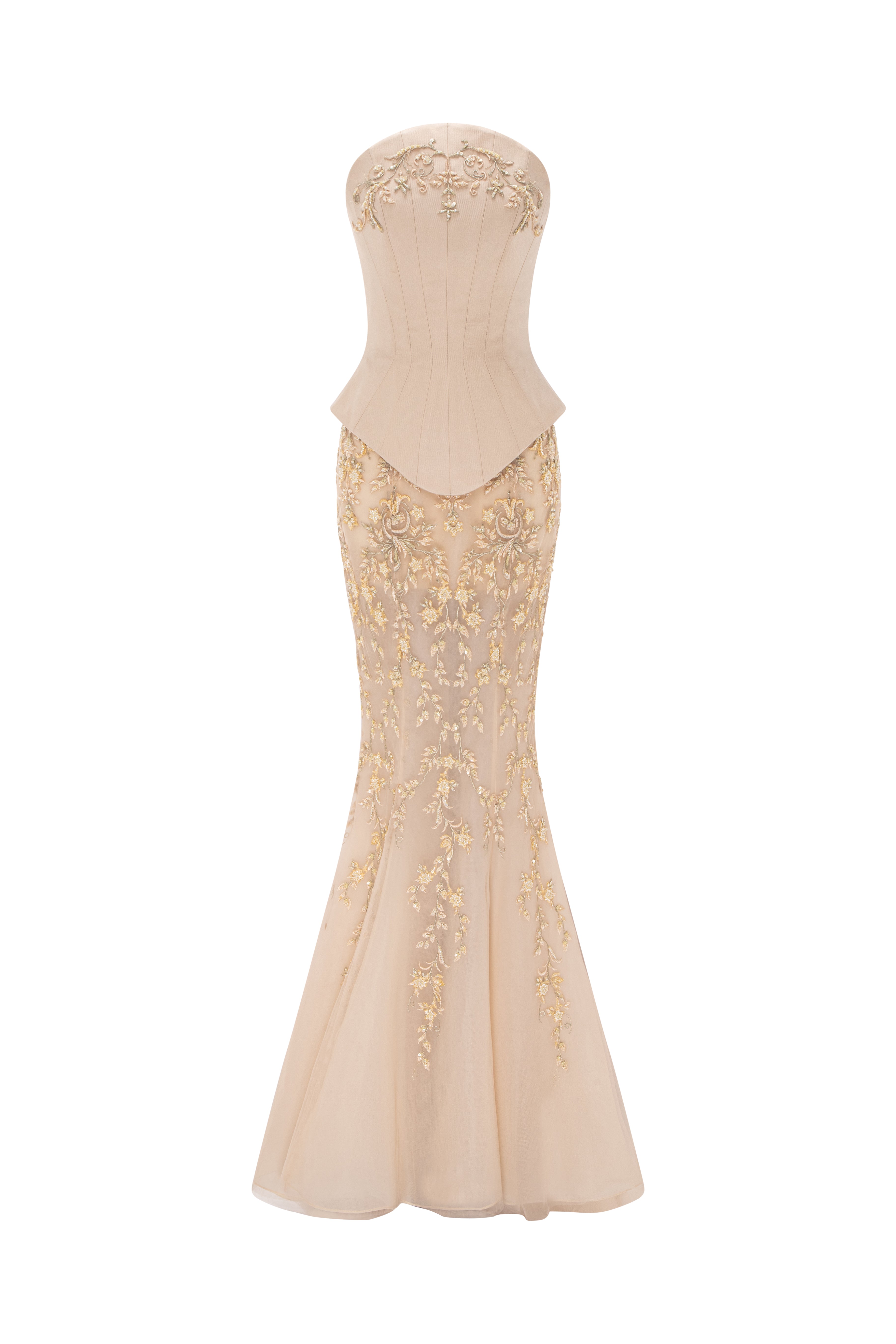 Strapless Structured Corset Gown With Beaded Lace Appliqué And Mermaid Skirt.
